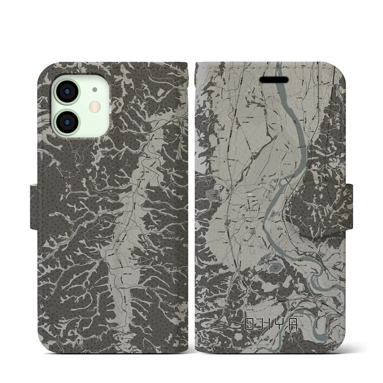 【小千谷(新潟県)】地図柄iPhoneケース(手帳タイプ)モノトーン・iPhone 12 mini 用