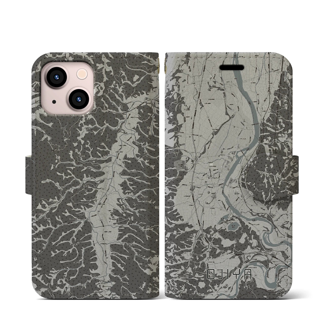 【小千谷(新潟県)】地図柄iPhoneケース(手帳タイプ)モノトーン・iPhone 13 mini 用
