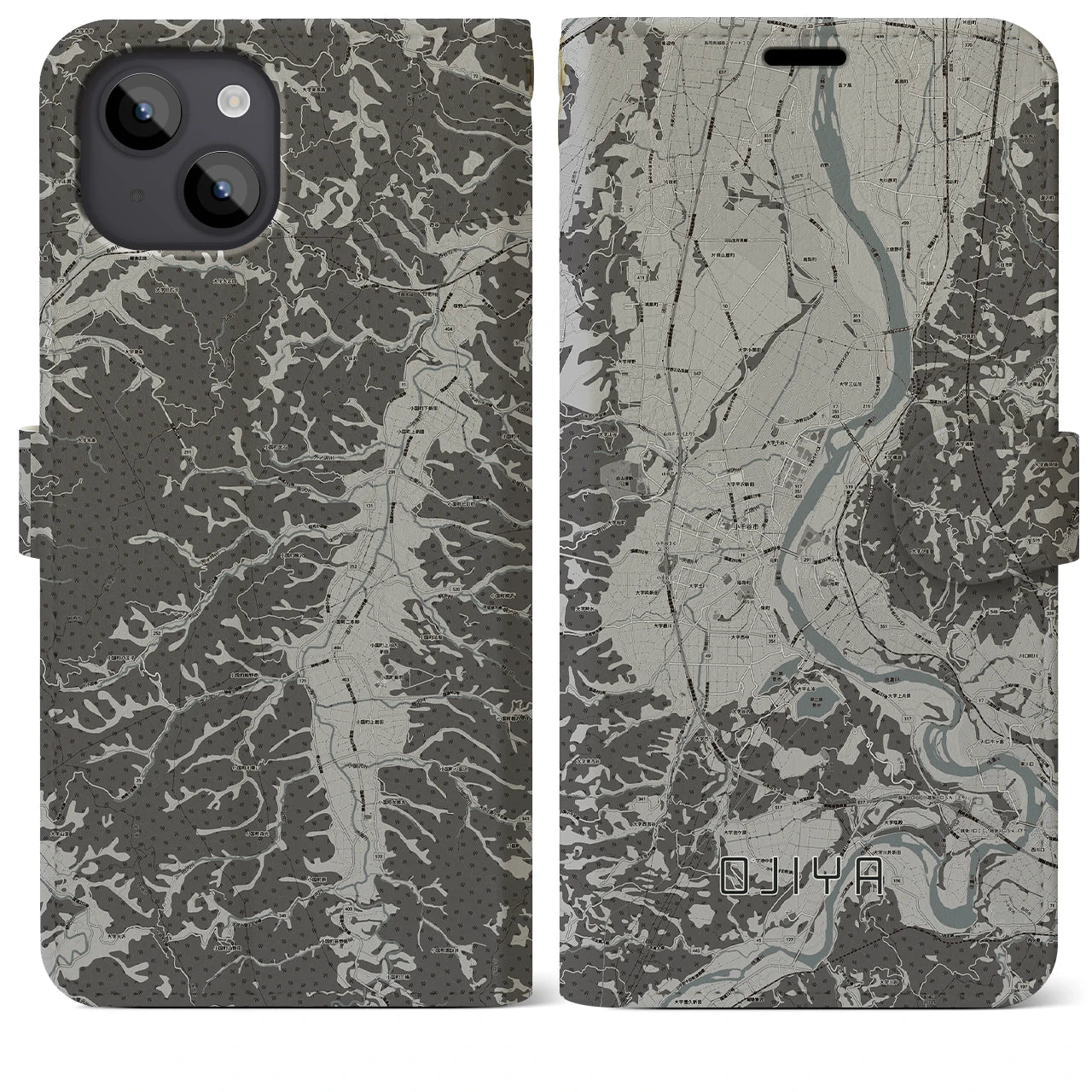 【小千谷(新潟県)】地図柄iPhoneケース(手帳タイプ)モノトーン・iPhone 14 Plus 用