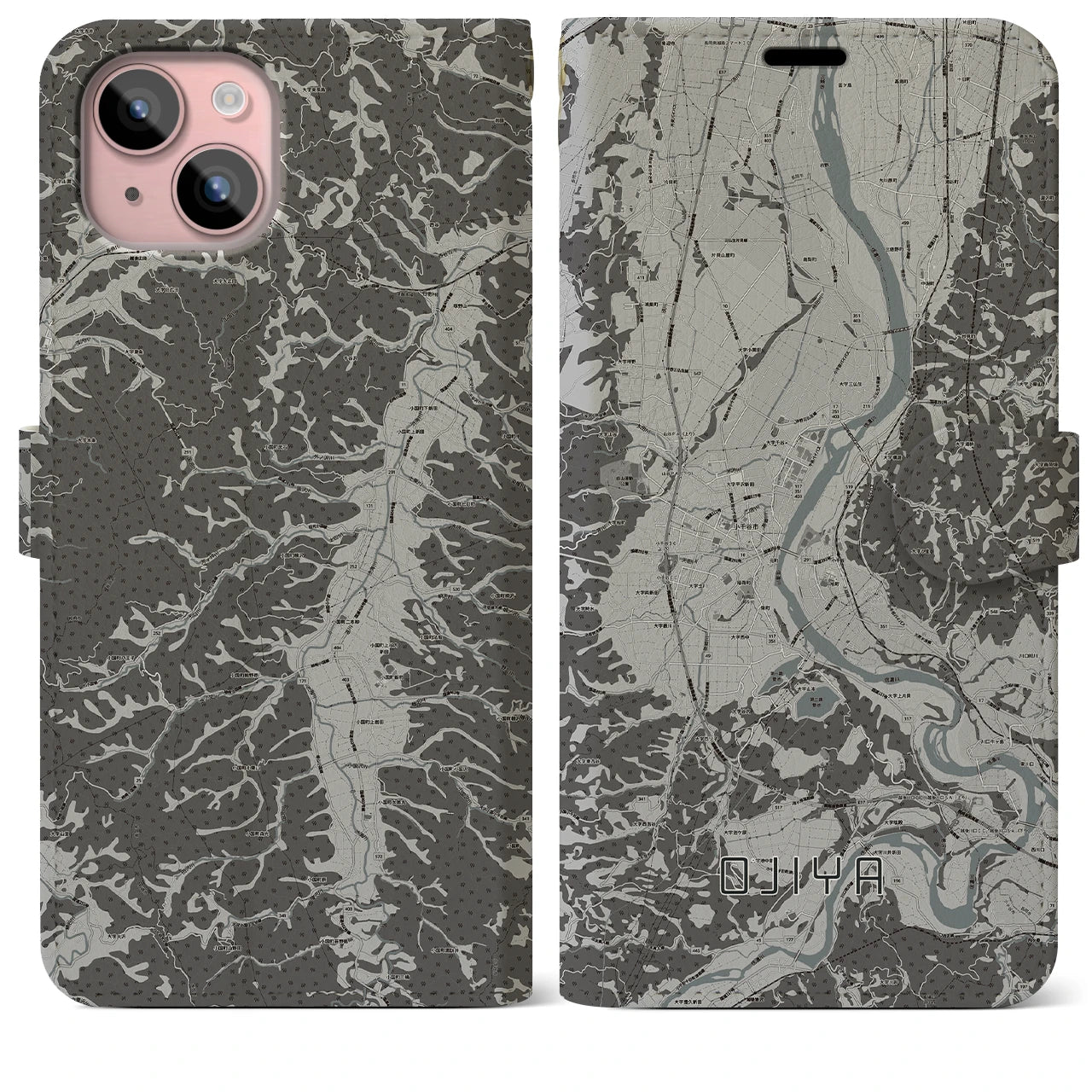 【小千谷(新潟県)】地図柄iPhoneケース(手帳タイプ)モノトーン・iPhone 15 Plus 用