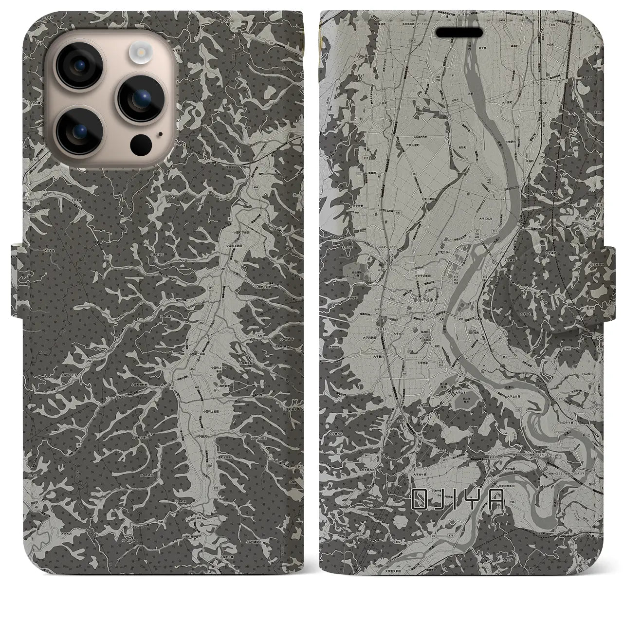 【小千谷(新潟県)】地図柄iPhoneケース(手帳タイプ)モノトーン・iPhone 16 Plus 用
