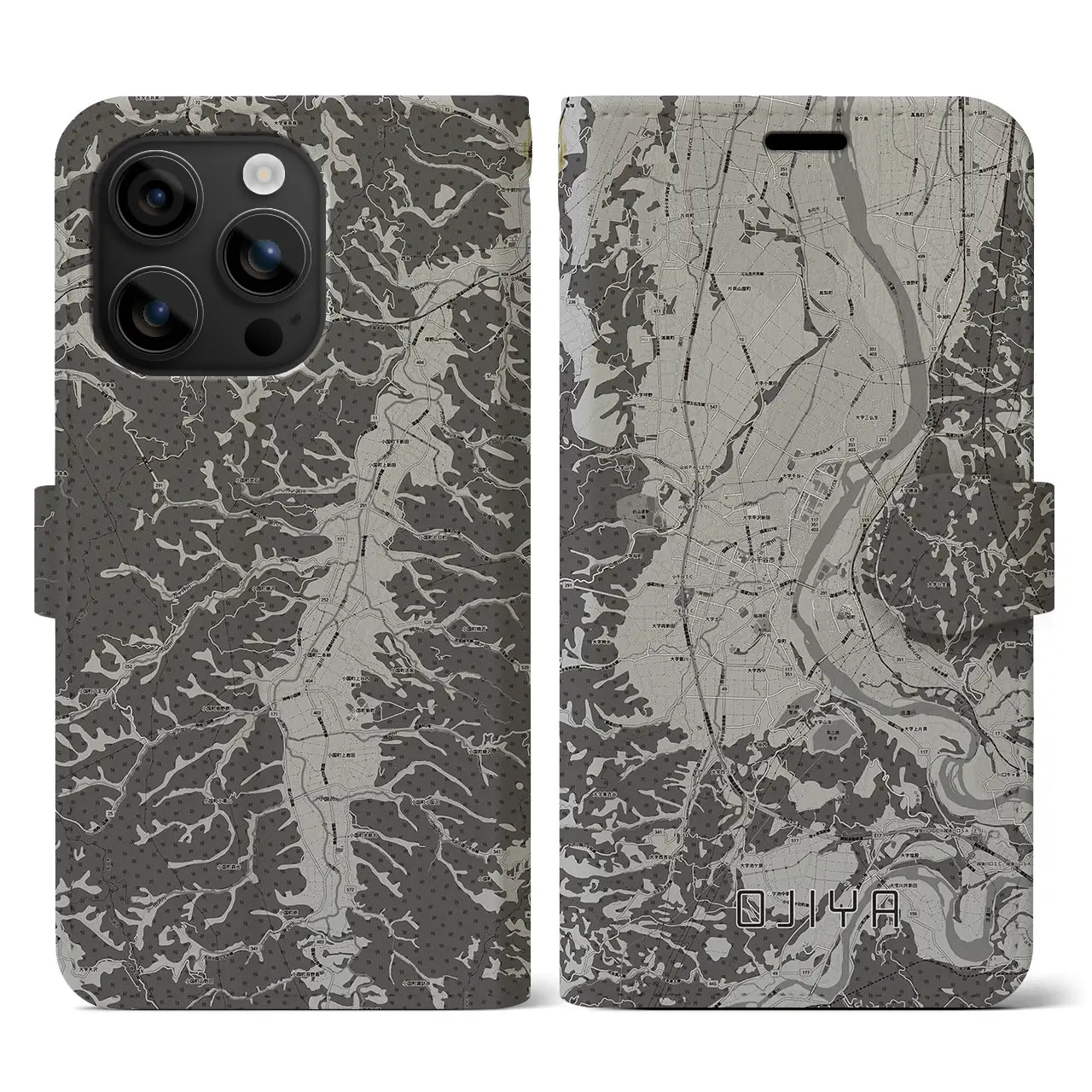 【小千谷(新潟県)】地図柄iPhoneケース(手帳タイプ)モノトーン・iPhone 16 用