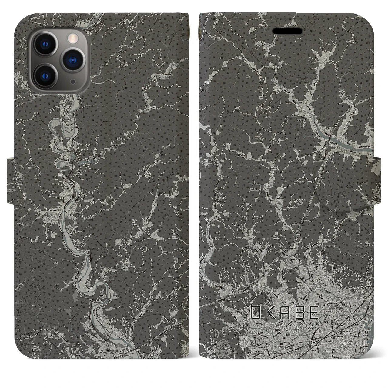 【岡部(静岡県)】地図柄iPhoneケース(手帳タイプ)モノトーン・iPhone 11 Pro Max 用