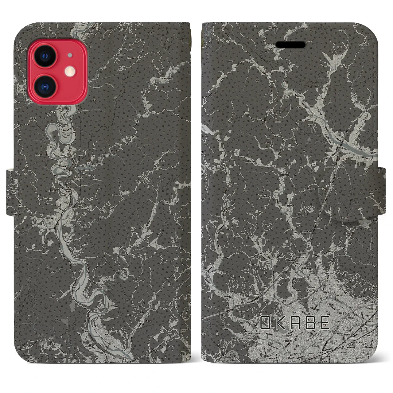 【岡部(静岡県)】地図柄iPhoneケース(手帳タイプ)モノトーン・iPhone 11 用