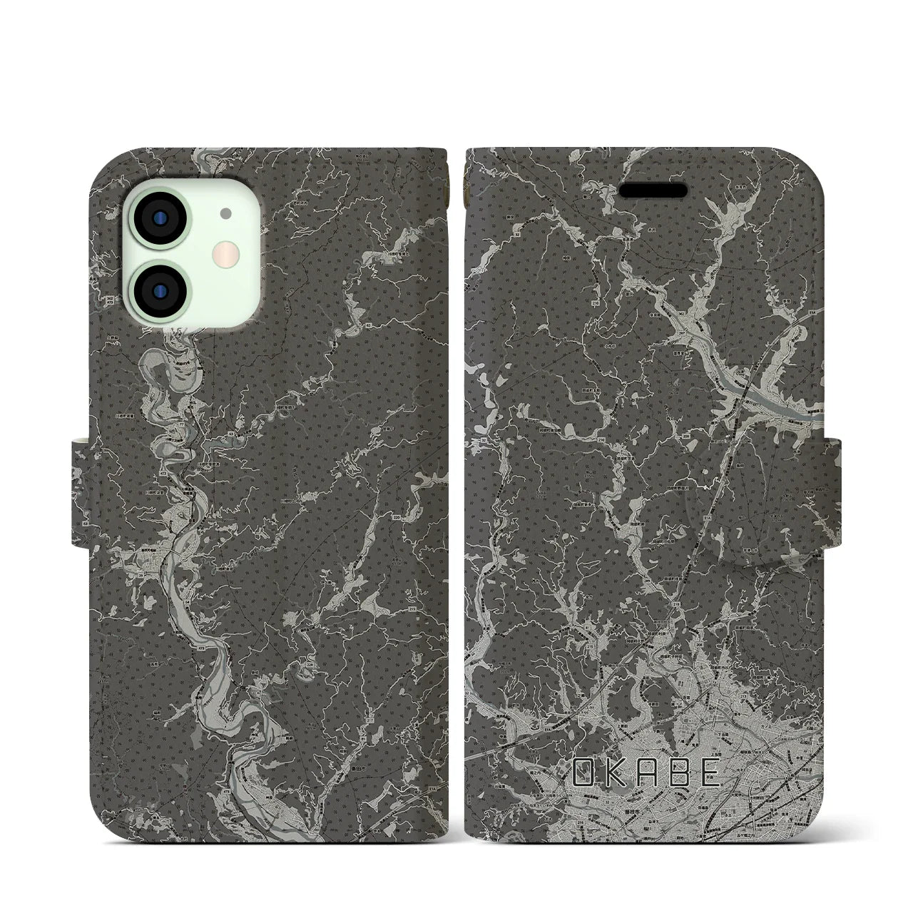 【岡部(静岡県)】地図柄iPhoneケース(手帳タイプ)モノトーン・iPhone 12 mini 用