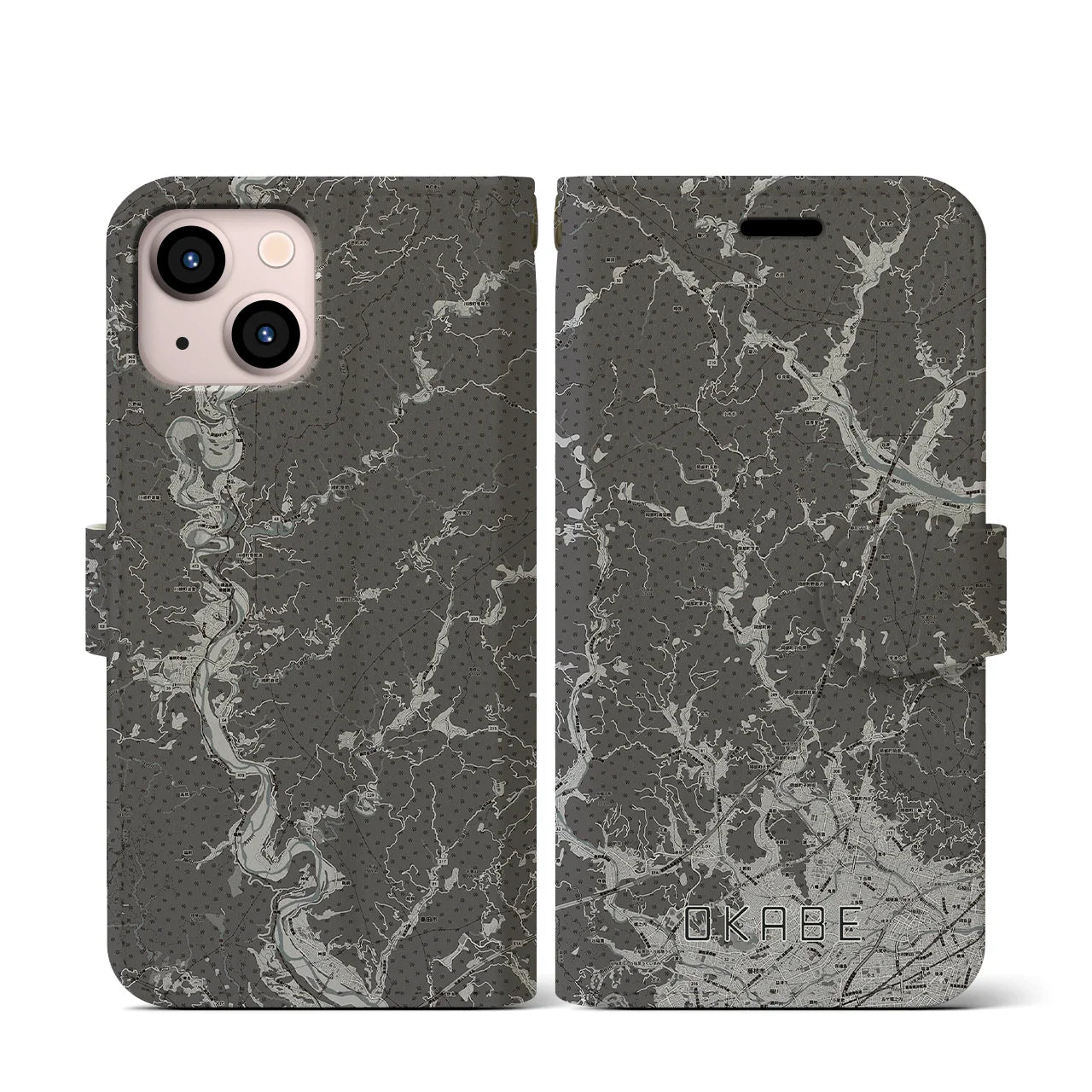 【岡部(静岡県)】地図柄iPhoneケース(手帳タイプ)モノトーン・iPhone 13 mini 用