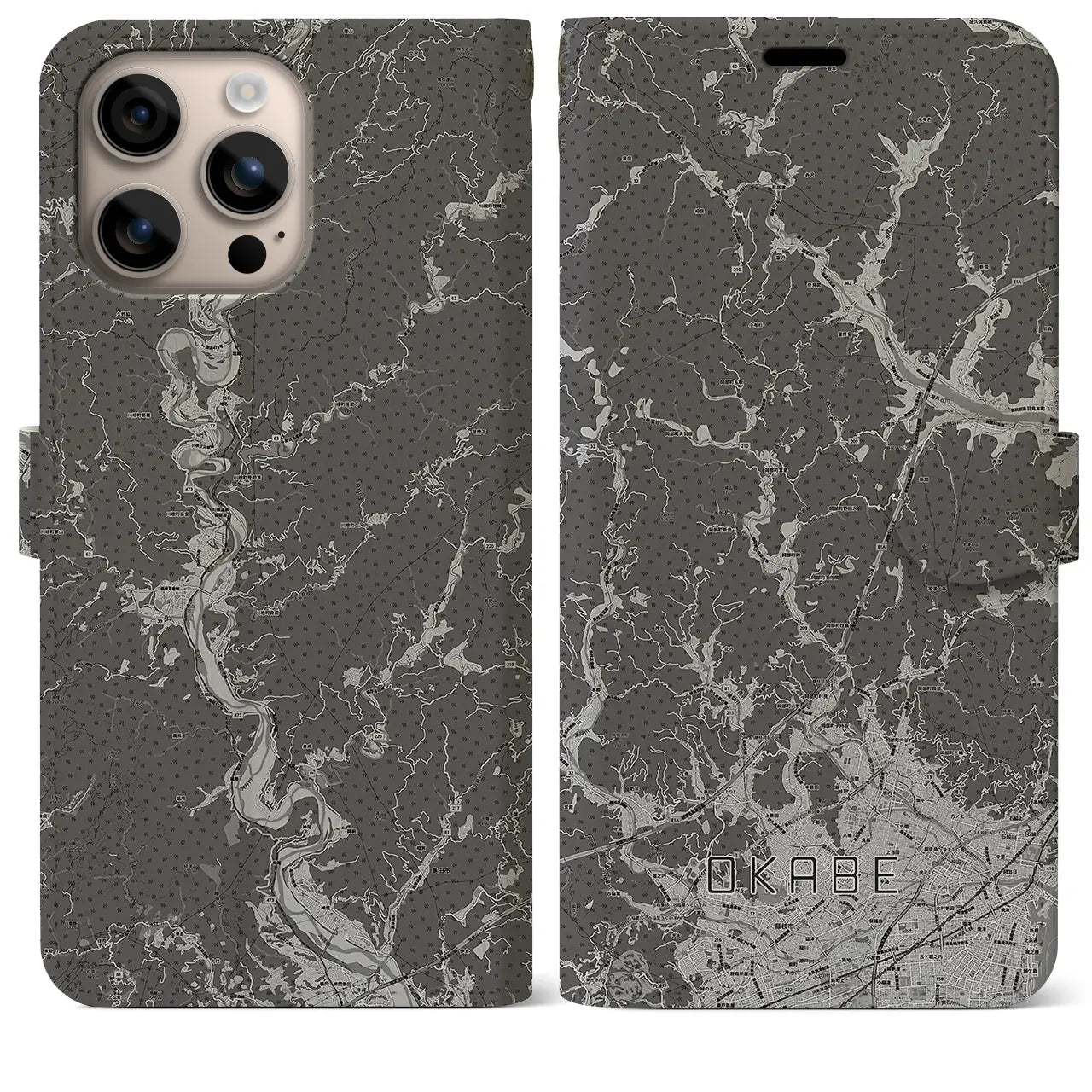 【岡部(静岡県)】地図柄iPhoneケース(手帳タイプ)モノトーン・iPhone 16 Plus 用