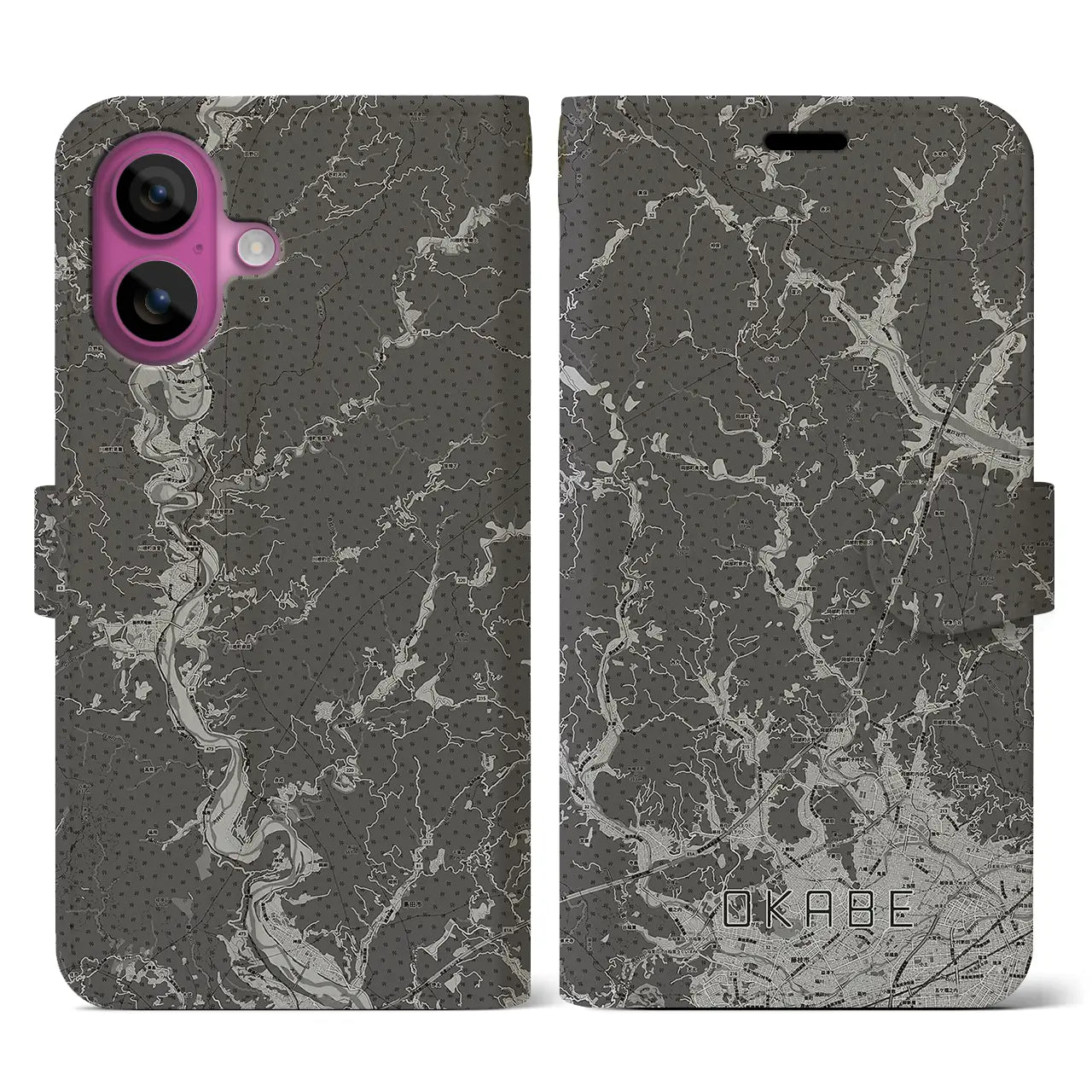 【岡部(静岡県)】地図柄iPhoneケース(手帳タイプ)モノトーン・iPhone 16 Pro 用