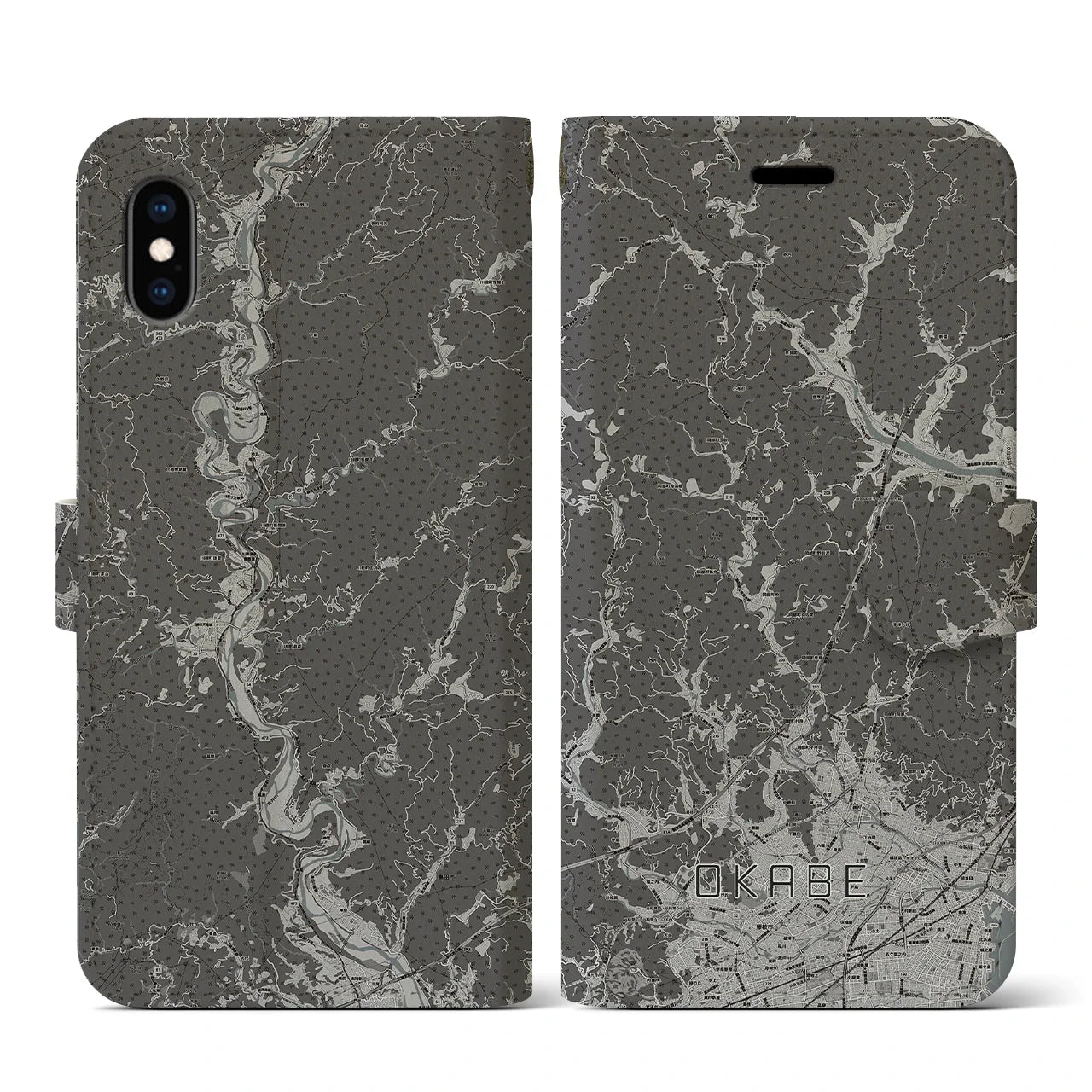 【岡部(静岡県)】地図柄iPhoneケース(手帳タイプ)モノトーン・iPhone XS / X 用