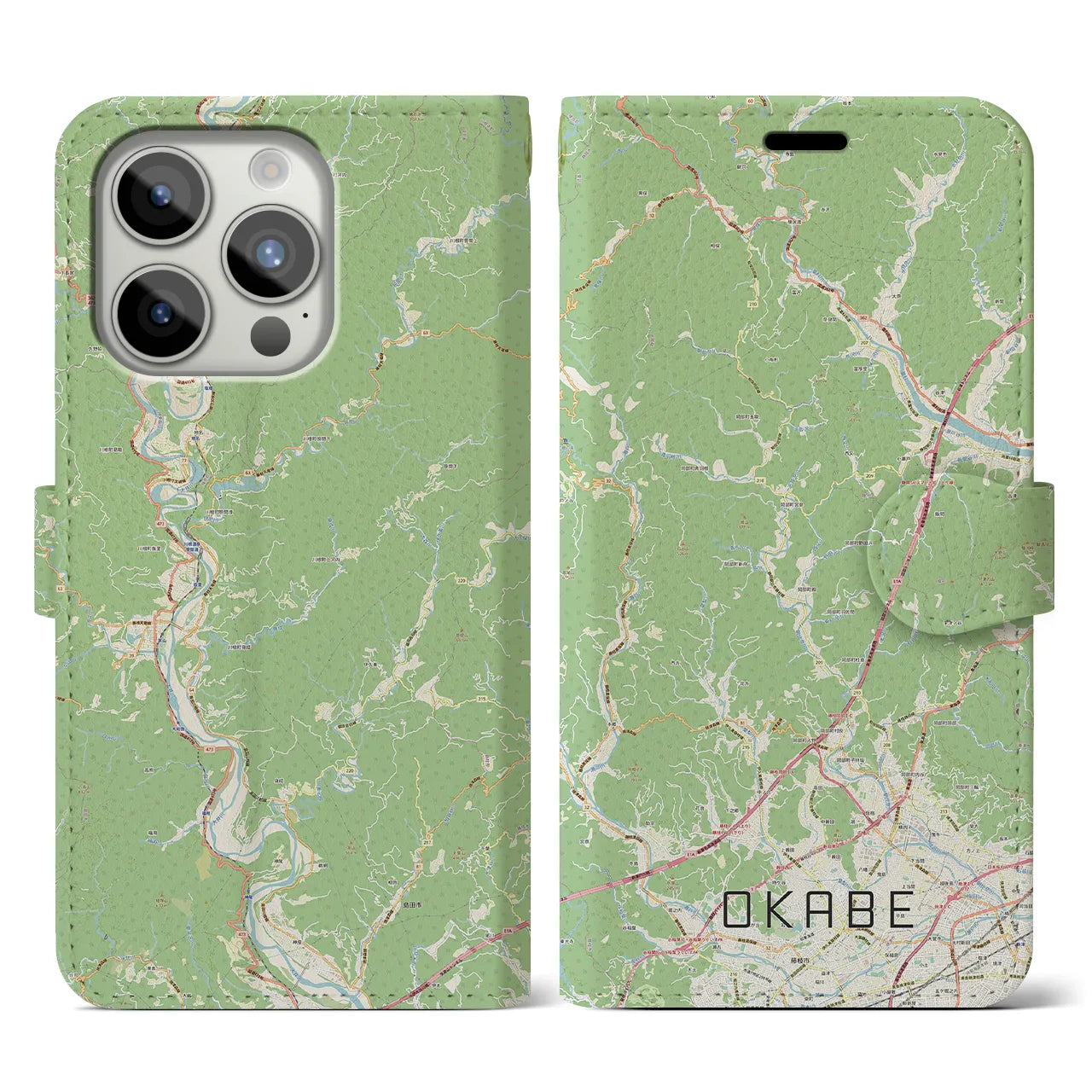 【岡部(静岡県)】地図柄iPhoneケース(手帳タイプ)ナチュラル・iPhone 15 Pro 用