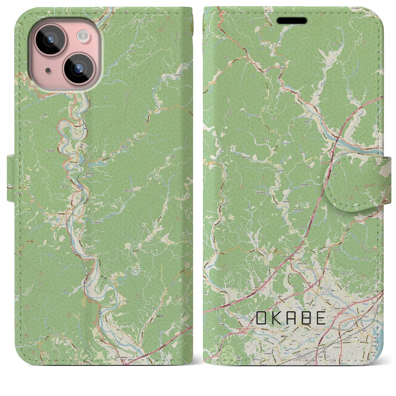 【岡部(静岡県)】地図柄iPhoneケース(手帳タイプ)ナチュラル・iPhone 15 Plus 用