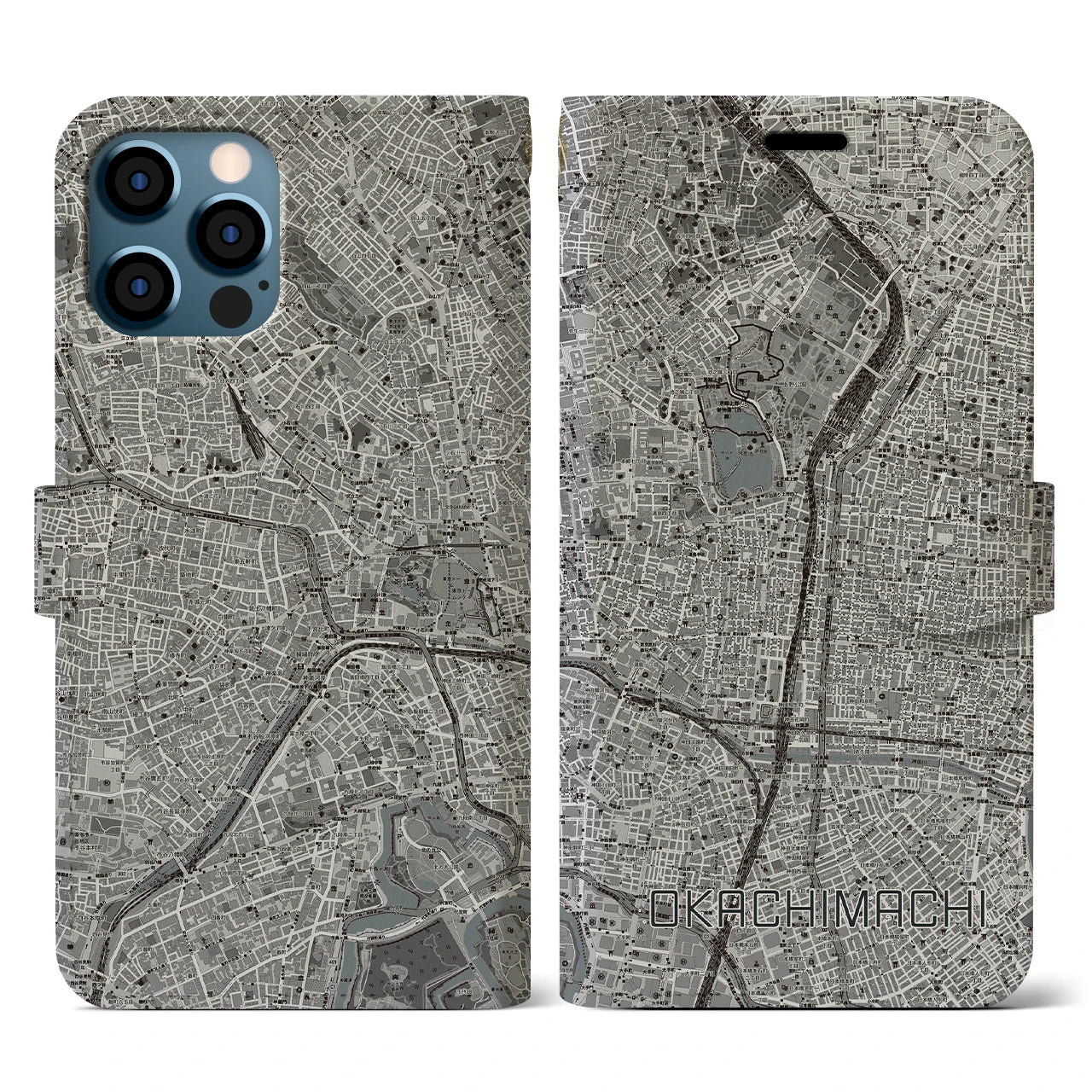 【御徒町(東京都)】地図柄iPhoneケース(手帳タイプ)モノトーン・iPhone 12 / 12 Pro 用