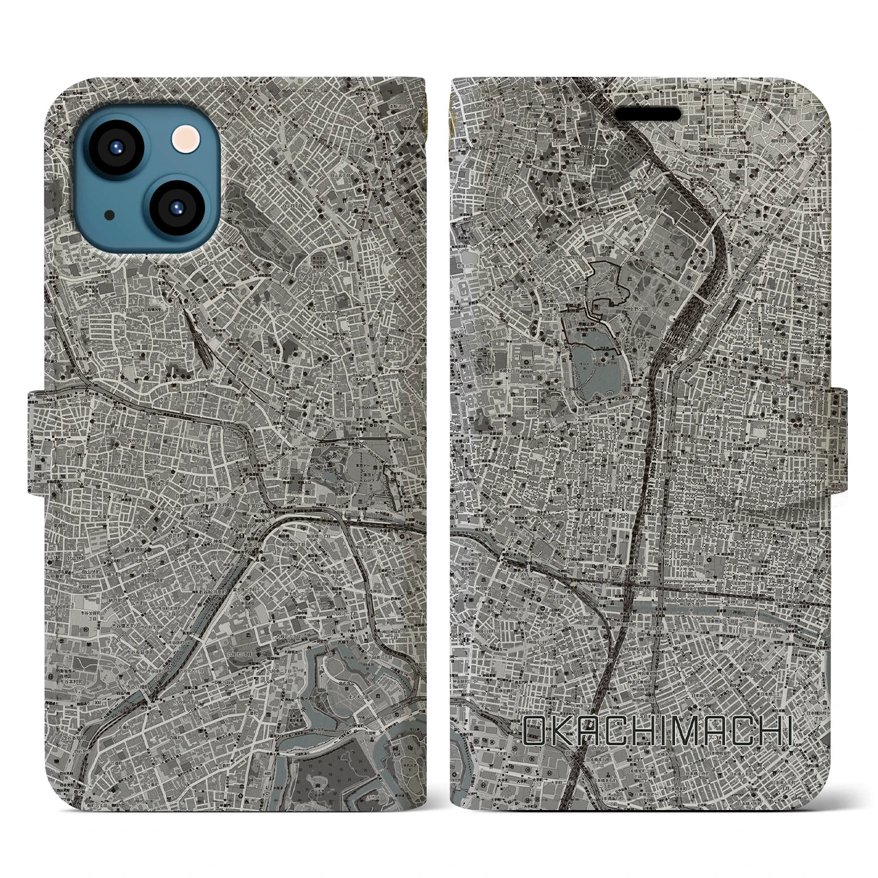 【御徒町(東京都)】地図柄iPhoneケース(手帳タイプ)モノトーン・iPhone 13 用
