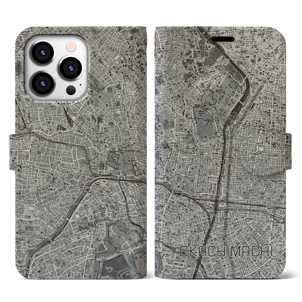【御徒町(東京都)】地図柄iPhoneケース(手帳タイプ)モノトーン・iPhone 13 Pro 用
