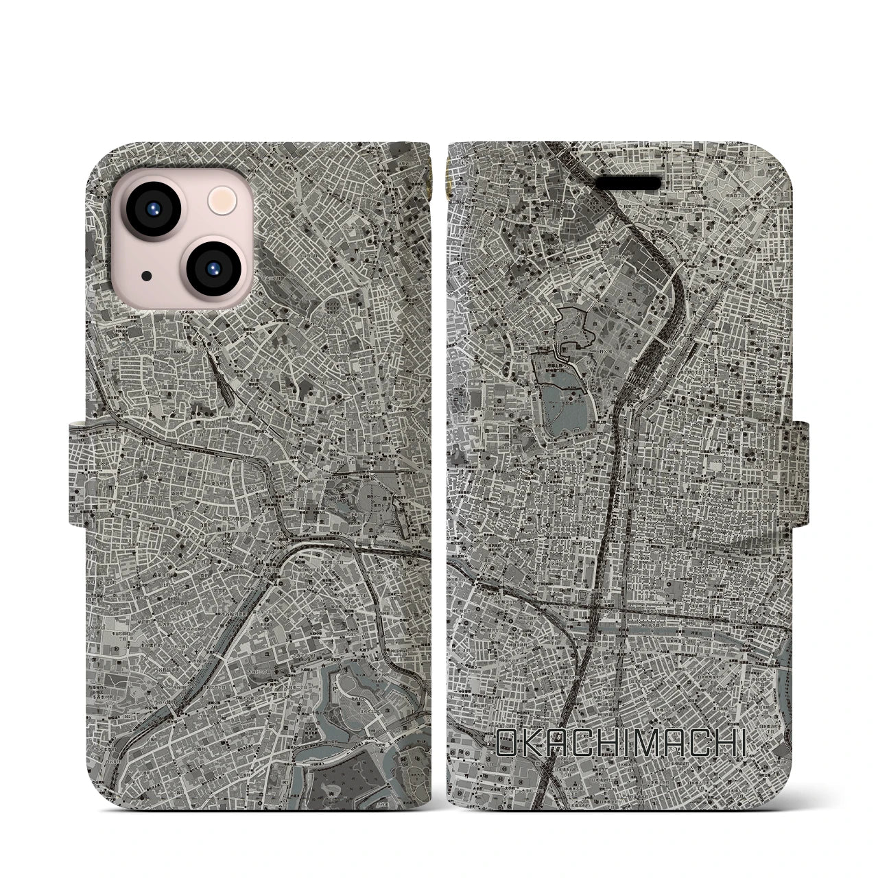 【御徒町(東京都)】地図柄iPhoneケース(手帳タイプ)モノトーン・iPhone 13 mini 用