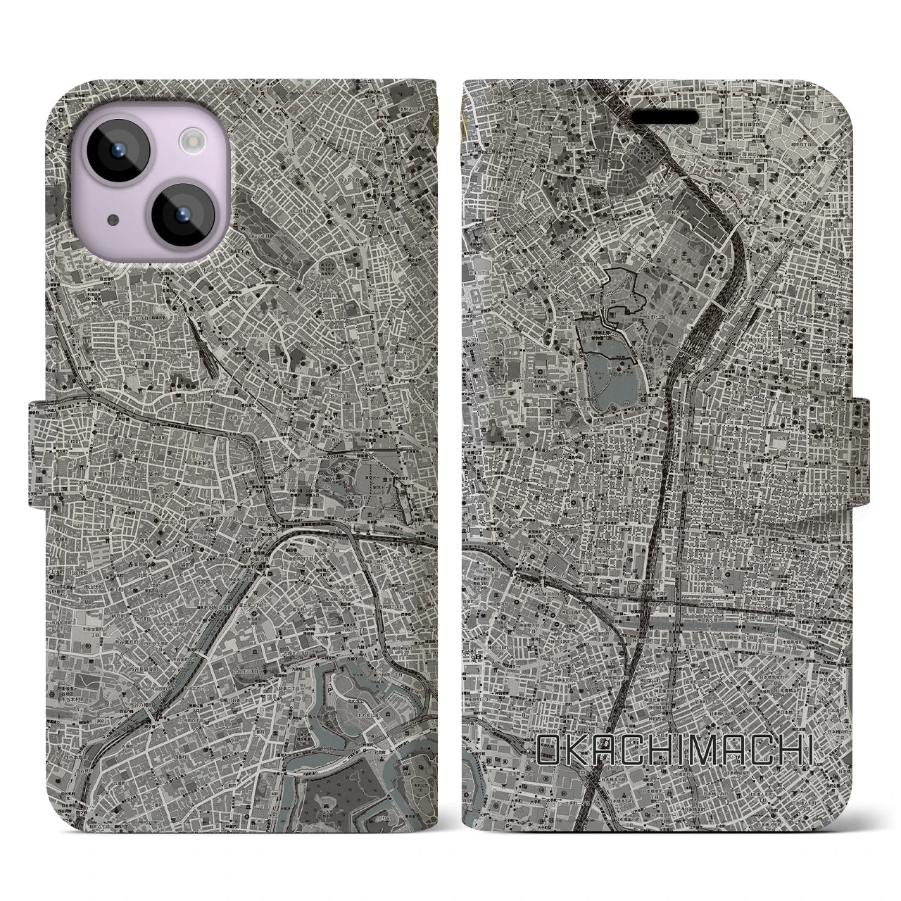 【御徒町(東京都)】地図柄iPhoneケース(手帳タイプ)モノトーン・iPhone 14 用