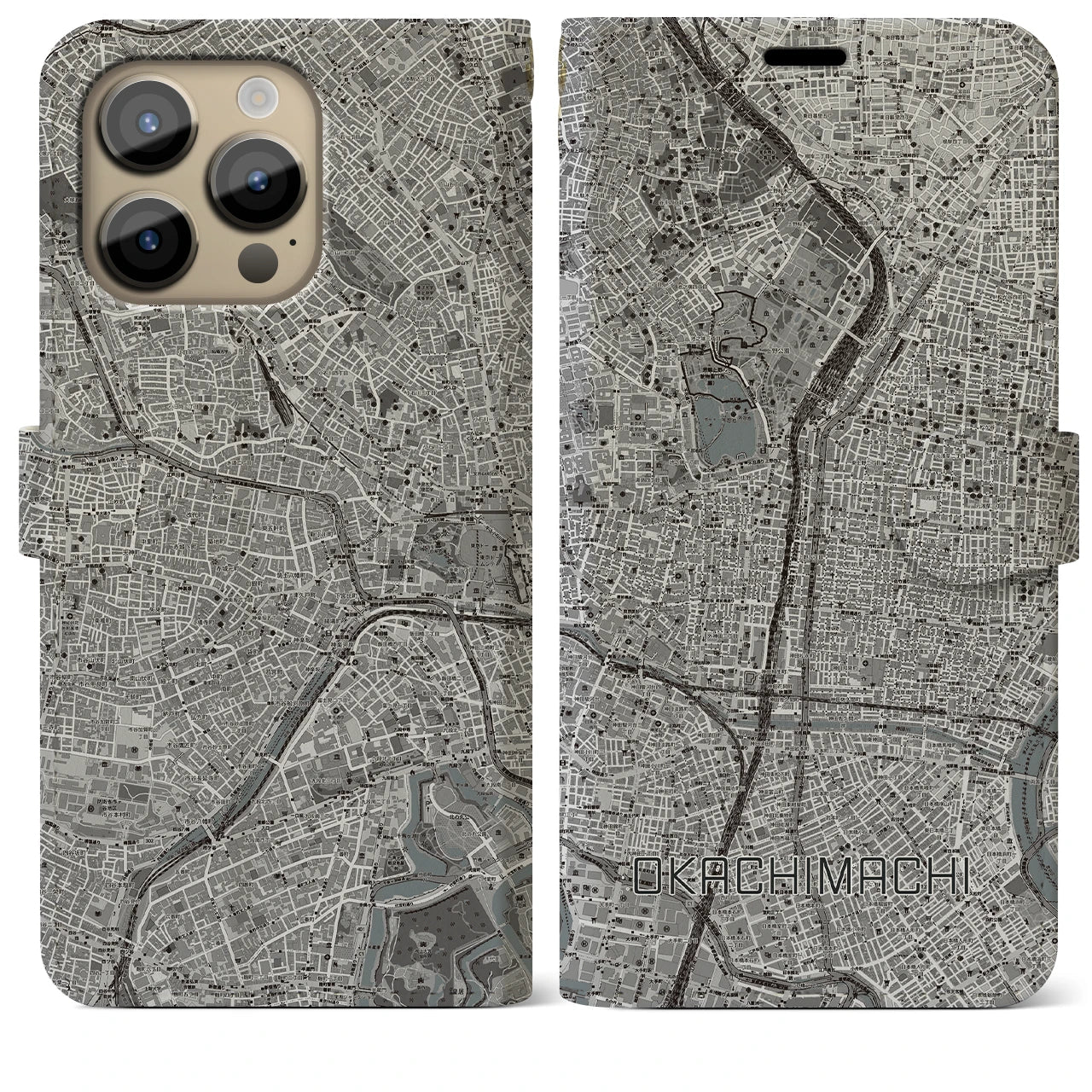 【御徒町(東京都)】地図柄iPhoneケース(手帳タイプ)モノトーン・iPhone 14 Pro Max 用