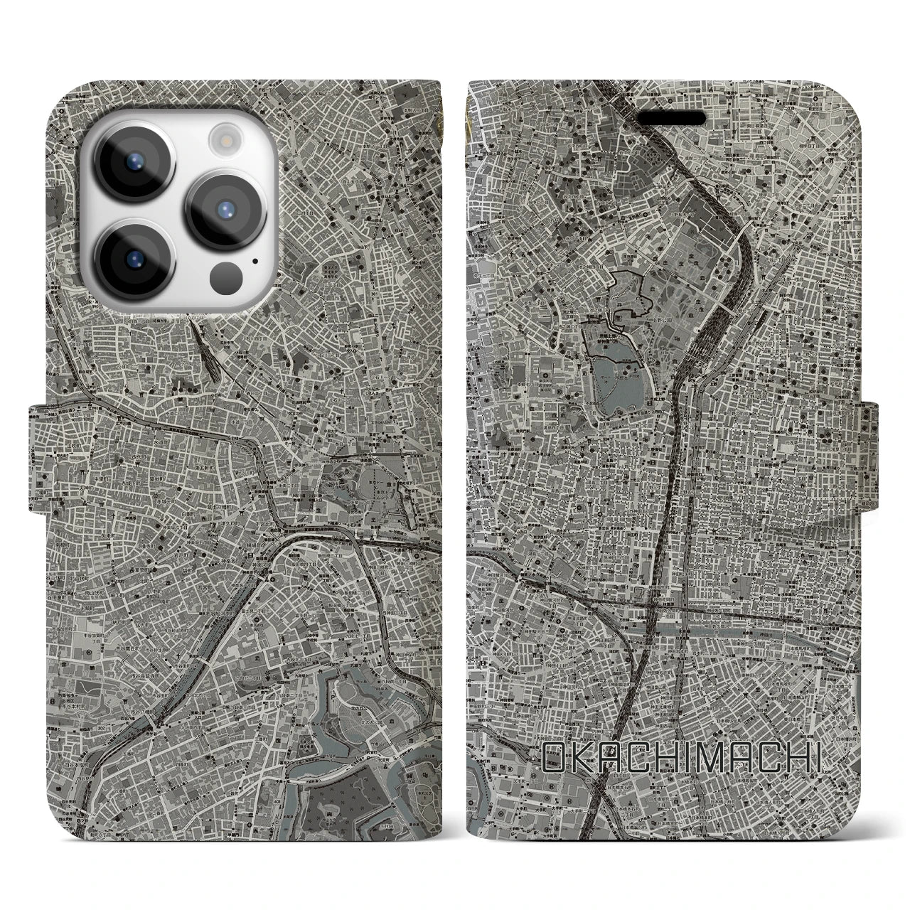 【御徒町(東京都)】地図柄iPhoneケース(手帳タイプ)モノトーン・iPhone 14 Pro 用