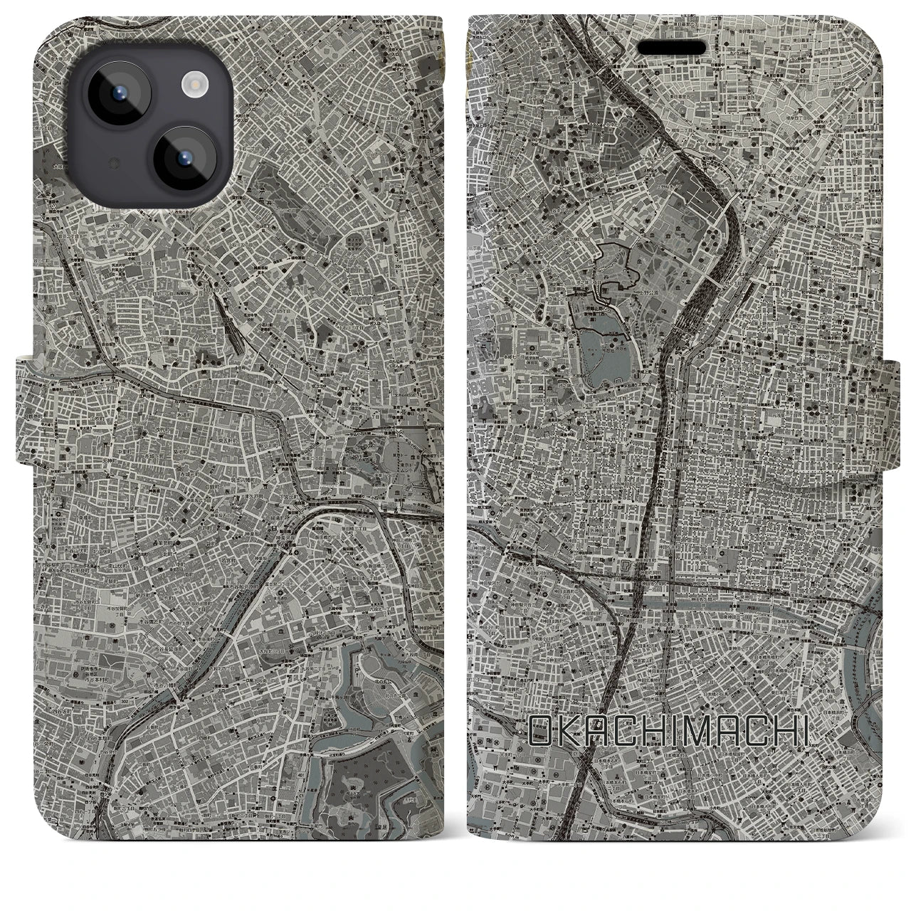 【御徒町(東京都)】地図柄iPhoneケース(手帳タイプ)モノトーン・iPhone 14 Plus 用