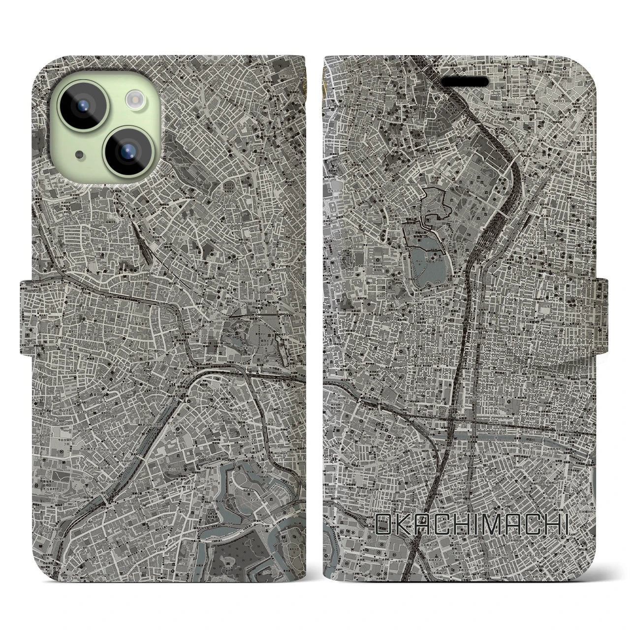 【御徒町(東京都)】地図柄iPhoneケース(手帳タイプ)モノトーン・iPhone 15 用