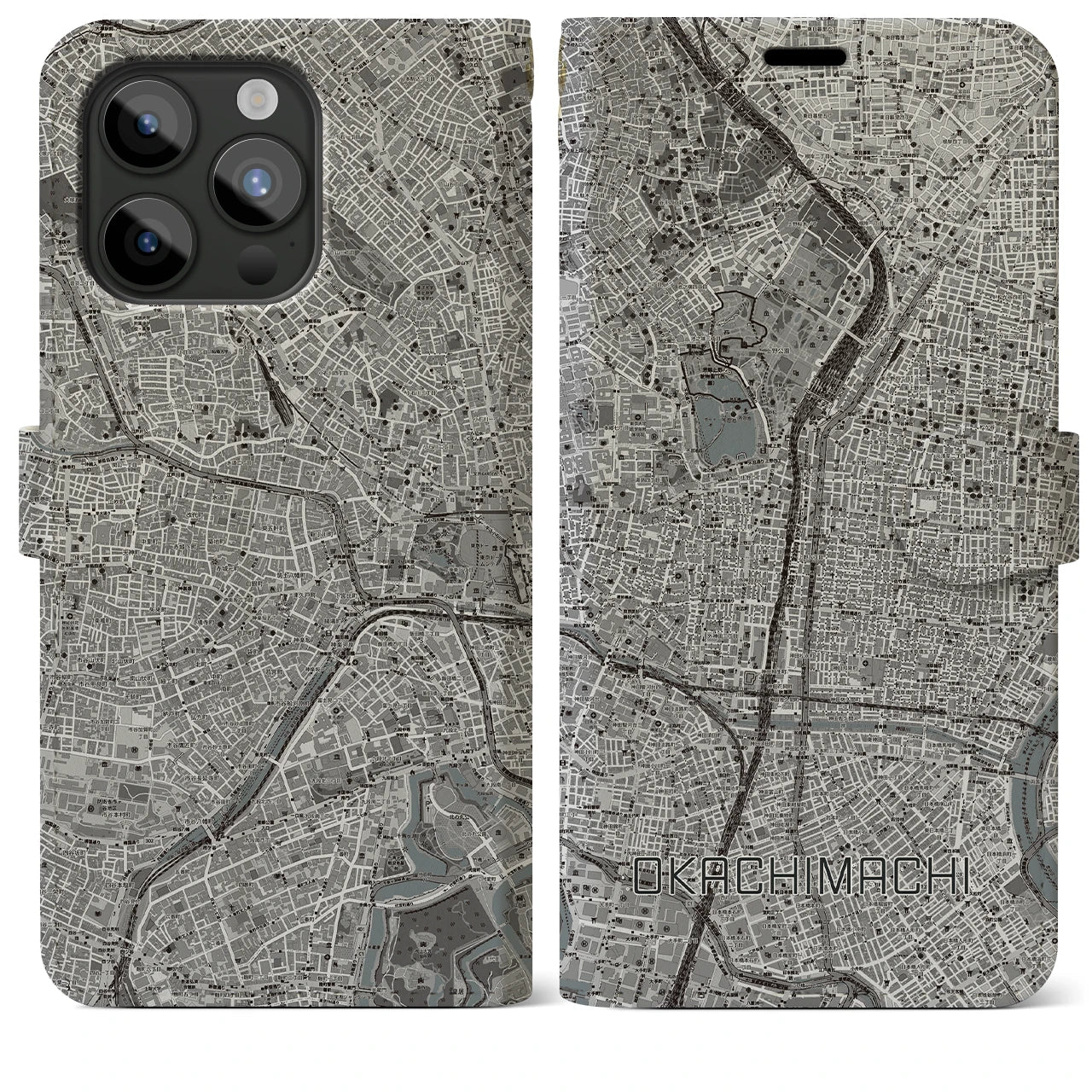 【御徒町(東京都)】地図柄iPhoneケース(手帳タイプ)モノトーン・iPhone 15 Pro Max 用