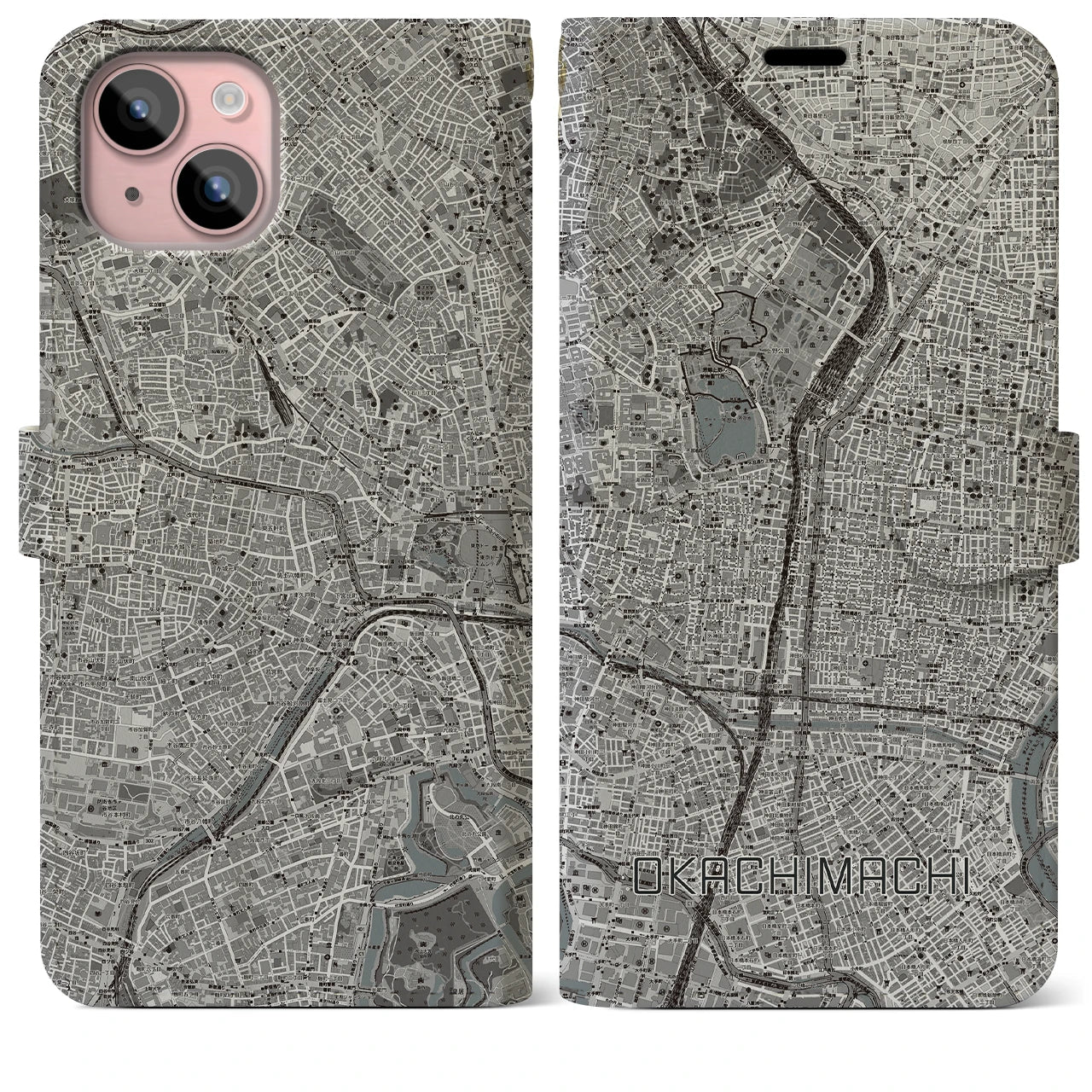 【御徒町(東京都)】地図柄iPhoneケース(手帳タイプ)モノトーン・iPhone 15 Plus 用