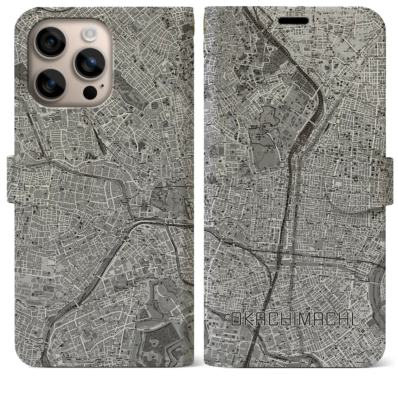 【御徒町(東京都)】地図柄iPhoneケース(手帳タイプ)モノトーン・iPhone 16 Plus 用