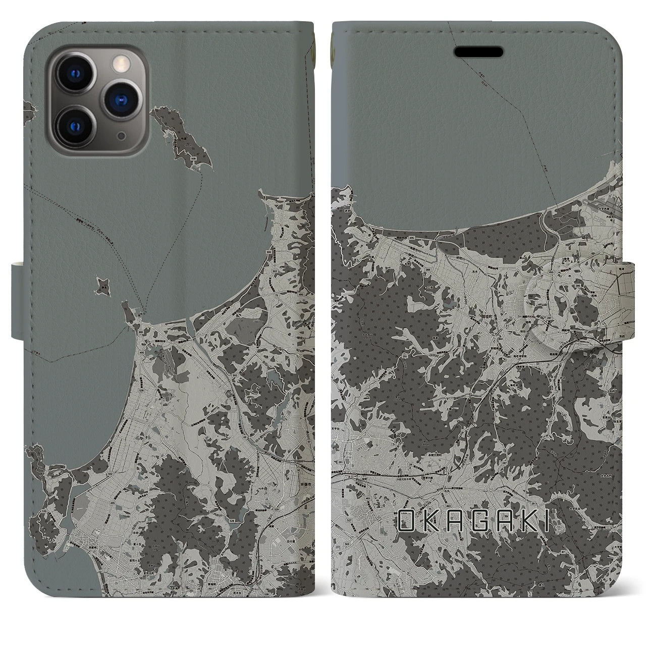 【岡垣(福岡県)】地図柄iPhoneケース(手帳タイプ)モノトーン・iPhone 11 Pro Max 用