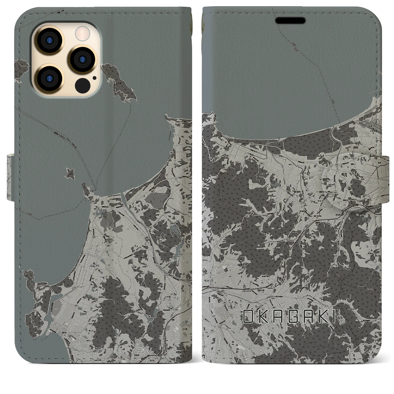 【岡垣(福岡県)】地図柄iPhoneケース(手帳タイプ)モノトーン・iPhone 12 Pro Max 用