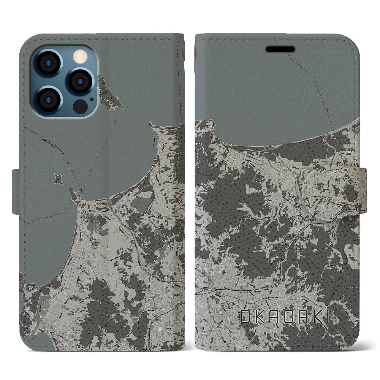 【岡垣(福岡県)】地図柄iPhoneケース(手帳タイプ)モノトーン・iPhone 12 / 12 Pro 用