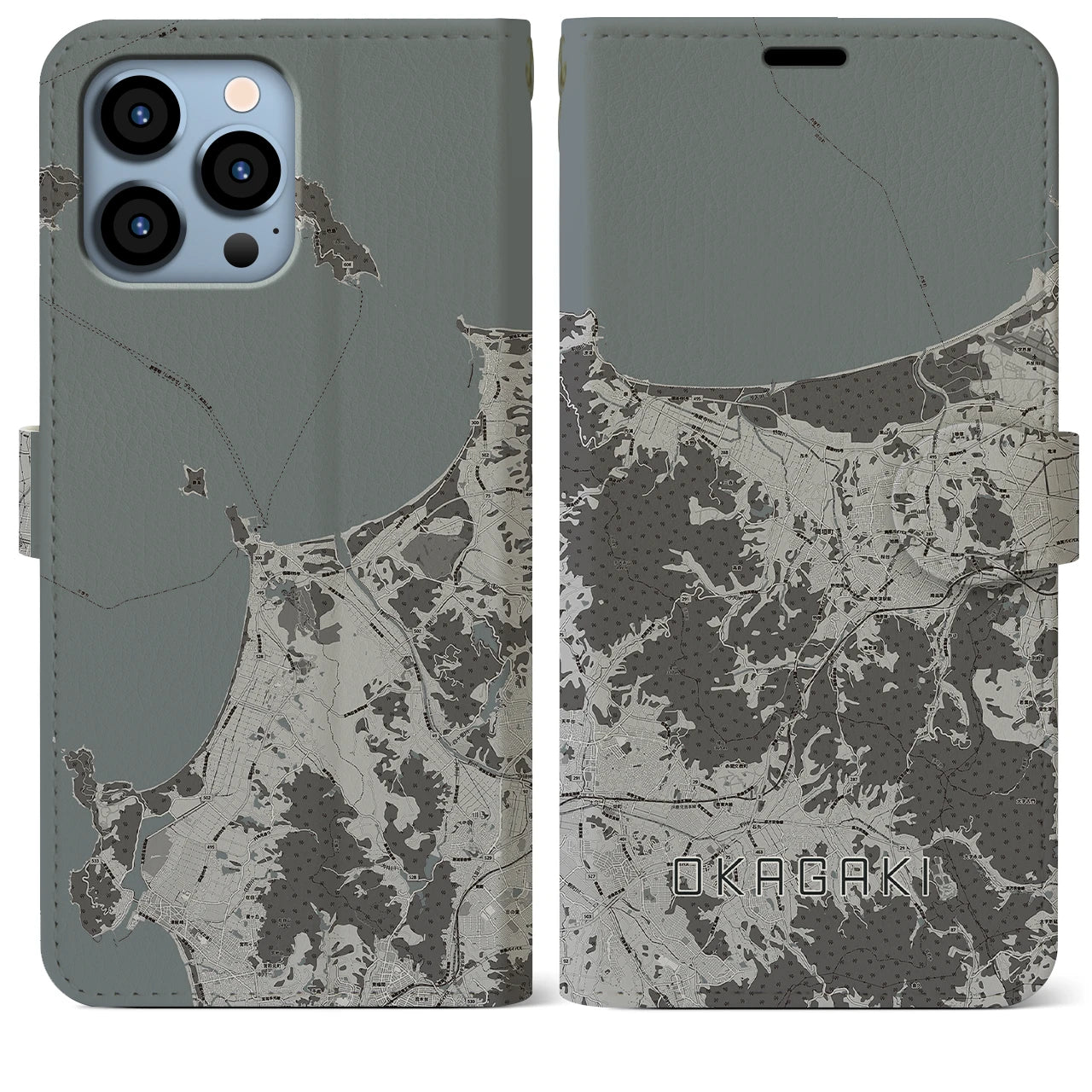 【岡垣(福岡県)】地図柄iPhoneケース(手帳タイプ)モノトーン・iPhone 13 Pro Max 用