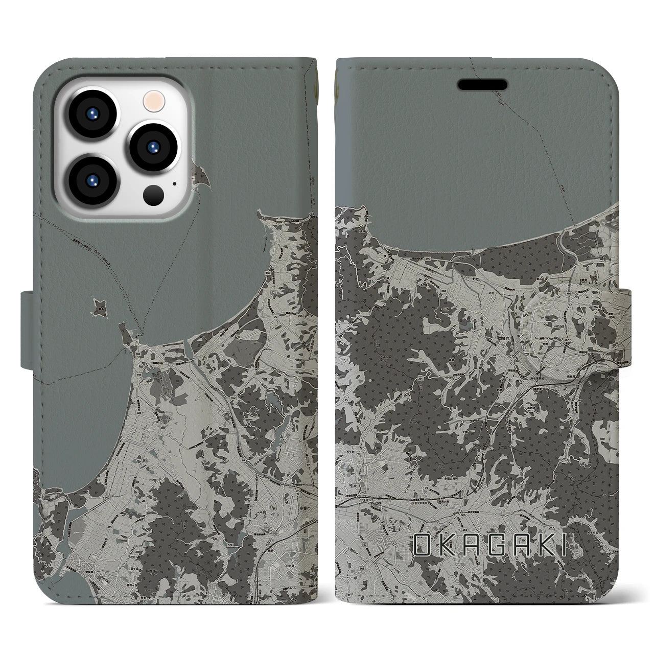 【岡垣(福岡県)】地図柄iPhoneケース(手帳タイプ)モノトーン・iPhone 13 Pro 用