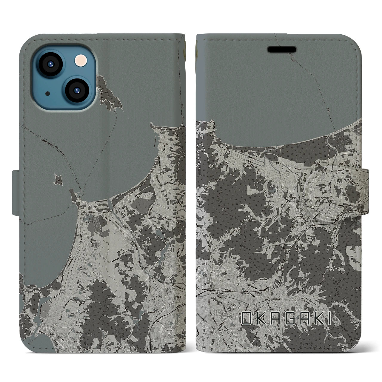 【岡垣(福岡県)】地図柄iPhoneケース(手帳タイプ)モノトーン・iPhone 13 用