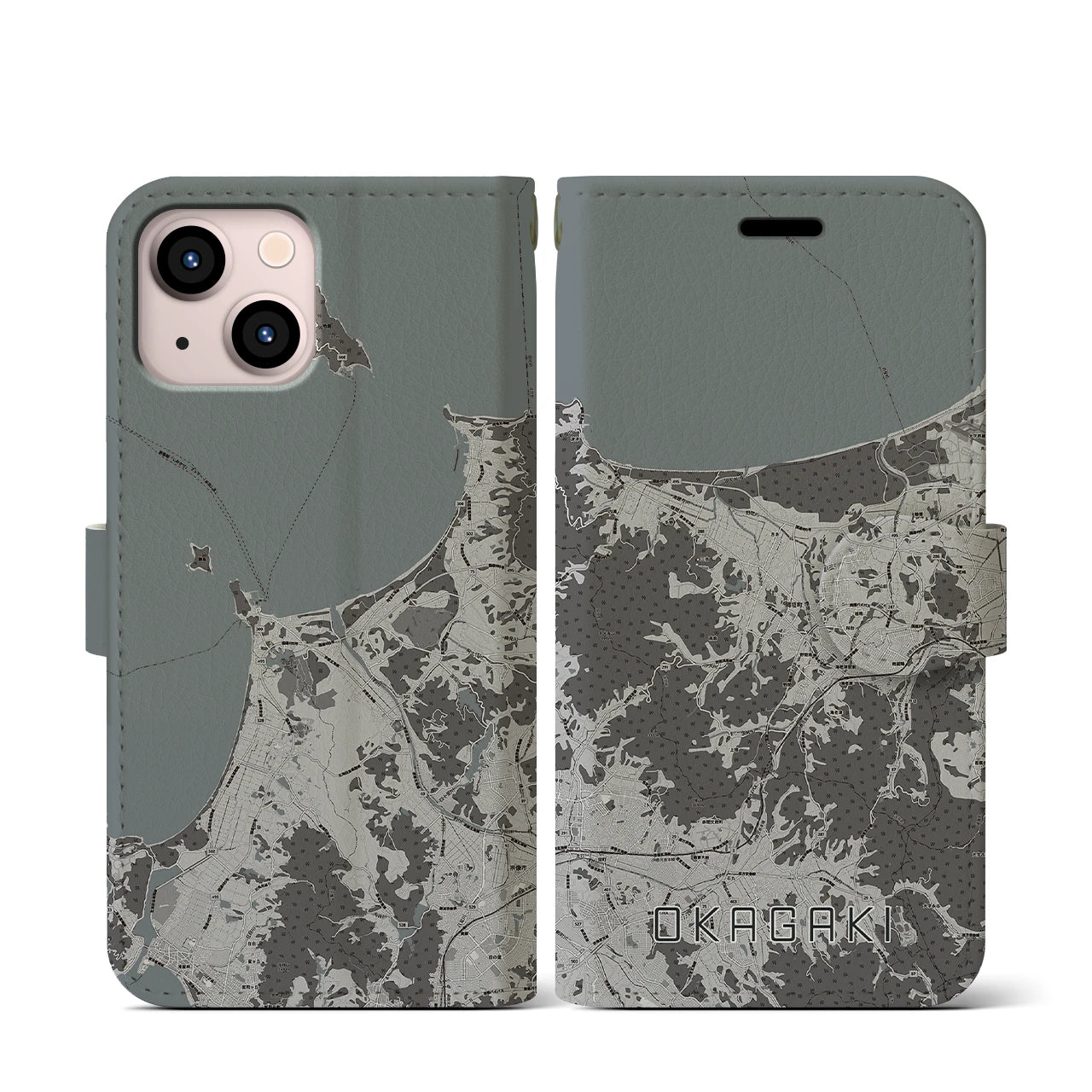 【岡垣(福岡県)】地図柄iPhoneケース(手帳タイプ)モノトーン・iPhone 13 mini 用