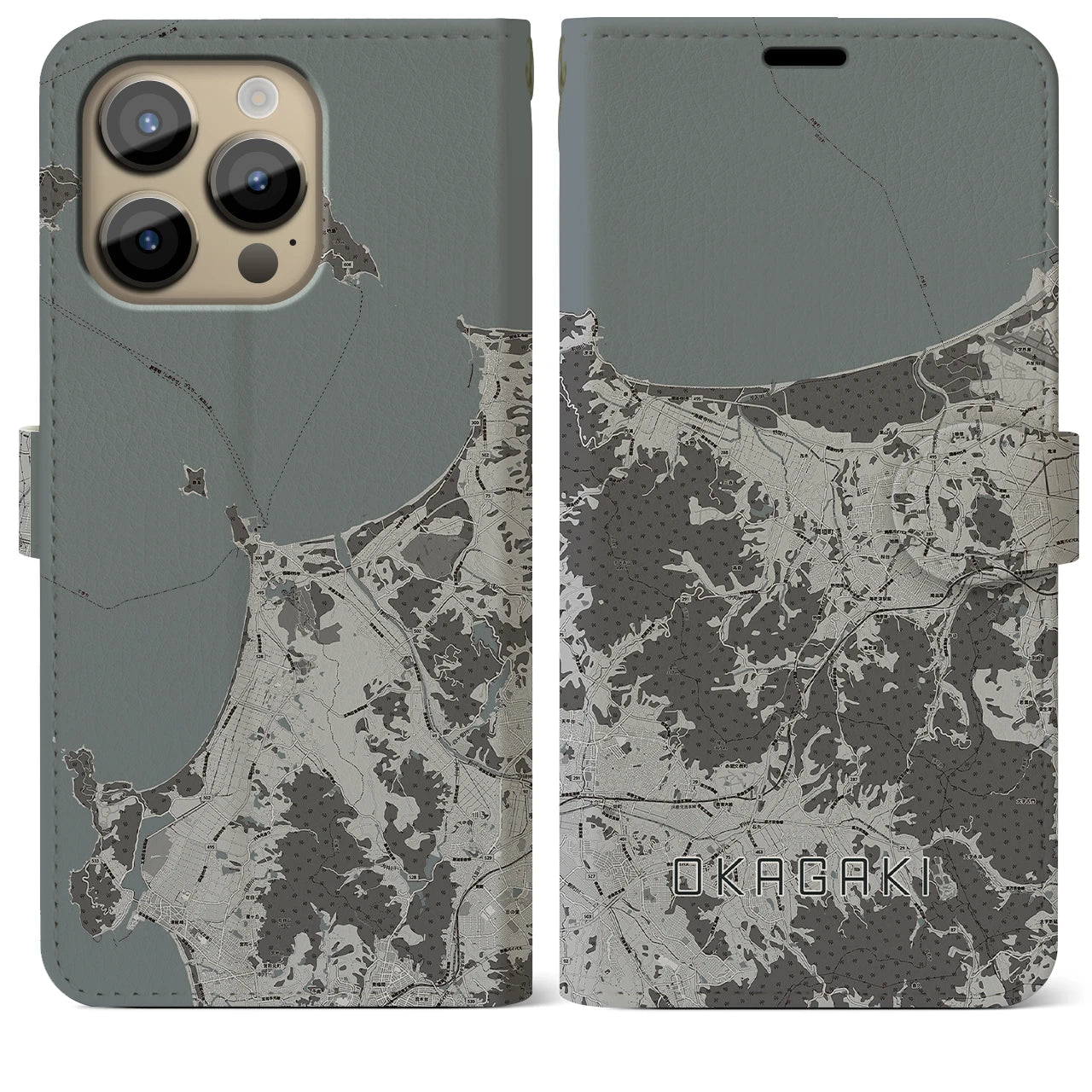 【岡垣(福岡県)】地図柄iPhoneケース(手帳タイプ)モノトーン・iPhone 14 Pro Max 用