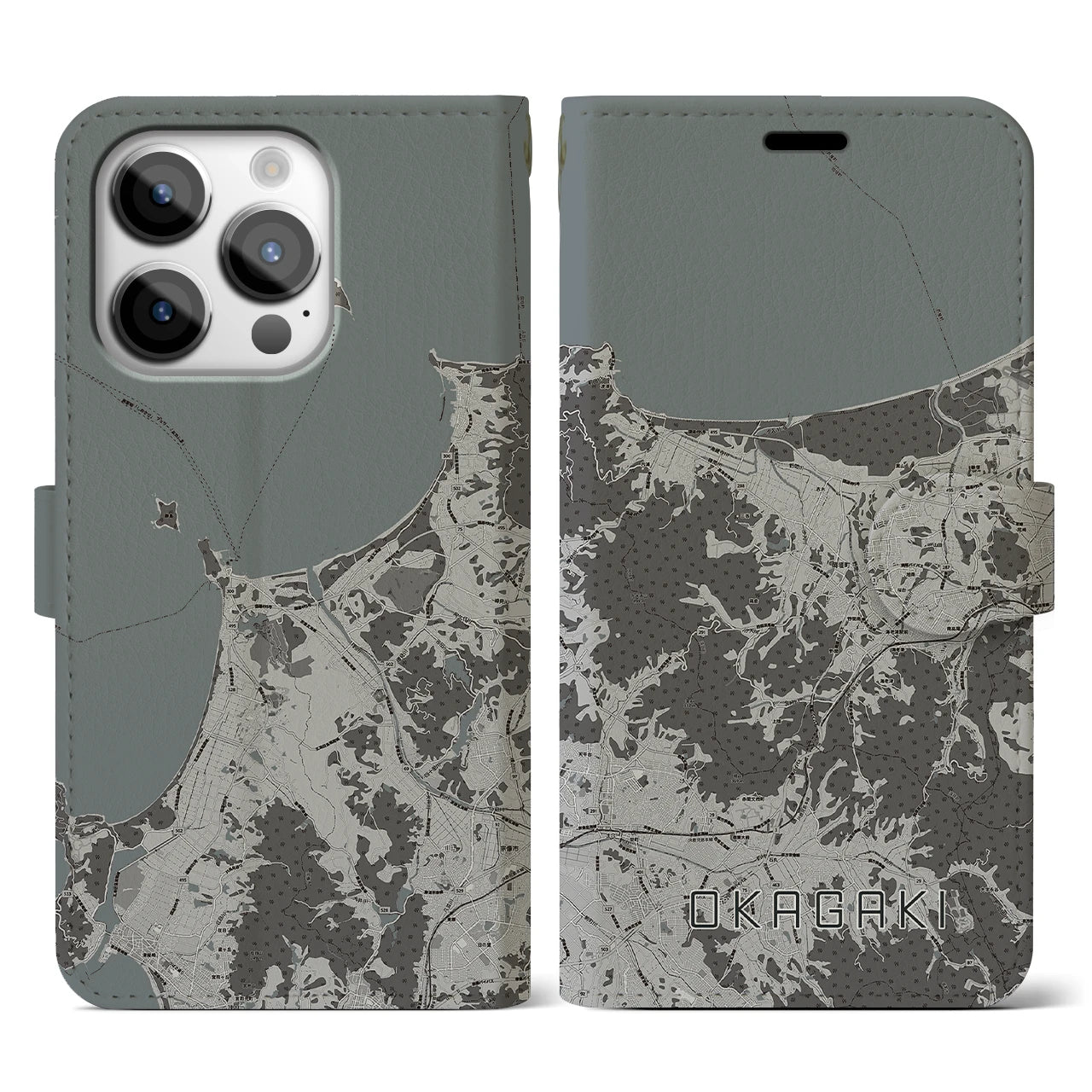 【岡垣(福岡県)】地図柄iPhoneケース(手帳タイプ)モノトーン・iPhone 14 Pro 用