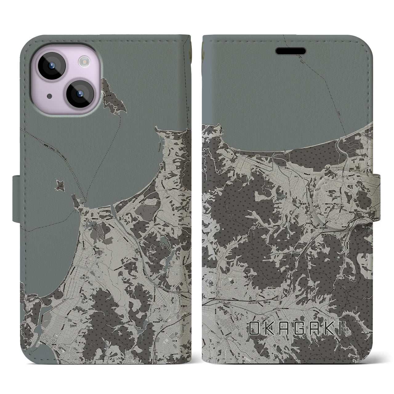 【岡垣(福岡県)】地図柄iPhoneケース(手帳タイプ)モノトーン・iPhone 14 用