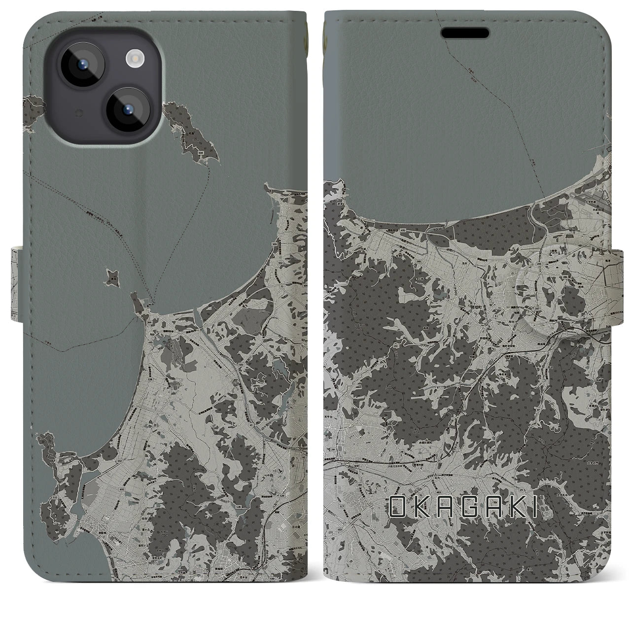 【岡垣(福岡県)】地図柄iPhoneケース(手帳タイプ)モノトーン・iPhone 14 Plus 用