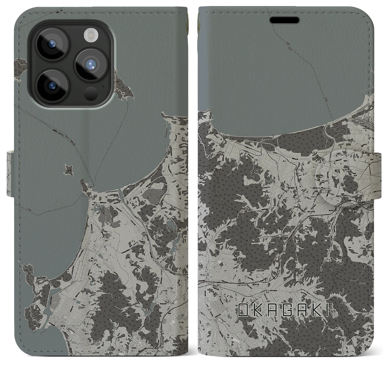 【岡垣(福岡県)】地図柄iPhoneケース(手帳タイプ)モノトーン・iPhone 15 Pro Max 用