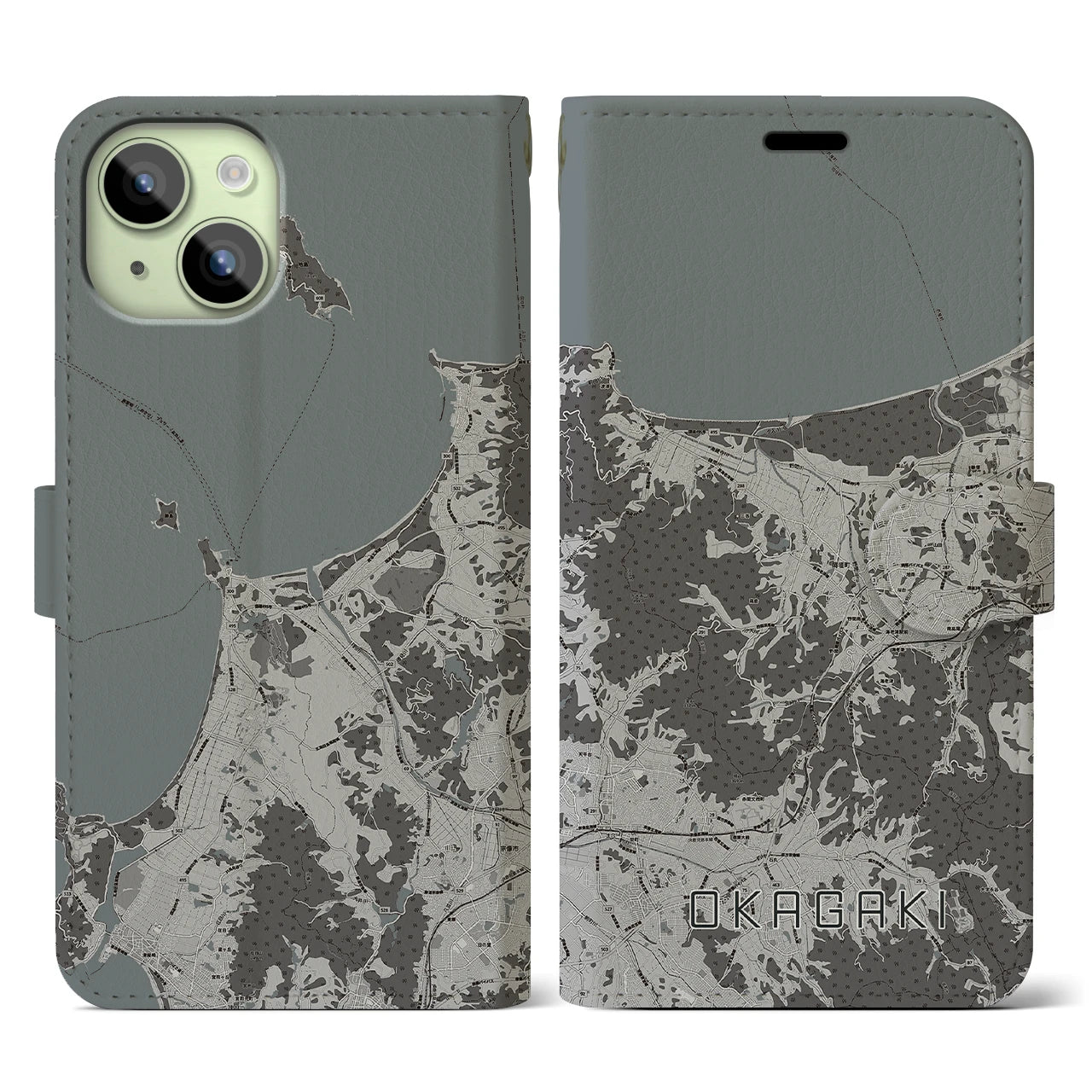 【岡垣(福岡県)】地図柄iPhoneケース(手帳タイプ)モノトーン・iPhone 15 用