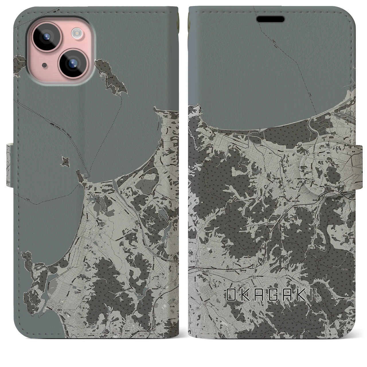 【岡垣(福岡県)】地図柄iPhoneケース(手帳タイプ)モノトーン・iPhone 15 Plus 用