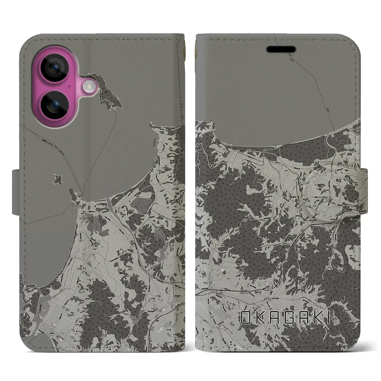 【岡垣(福岡県)】地図柄iPhoneケース(手帳タイプ)モノトーン・iPhone 16 Pro 用