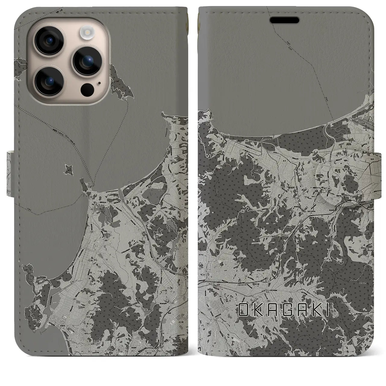 【岡垣(福岡県)】地図柄iPhoneケース(手帳タイプ)モノトーン・iPhone 16 Plus 用