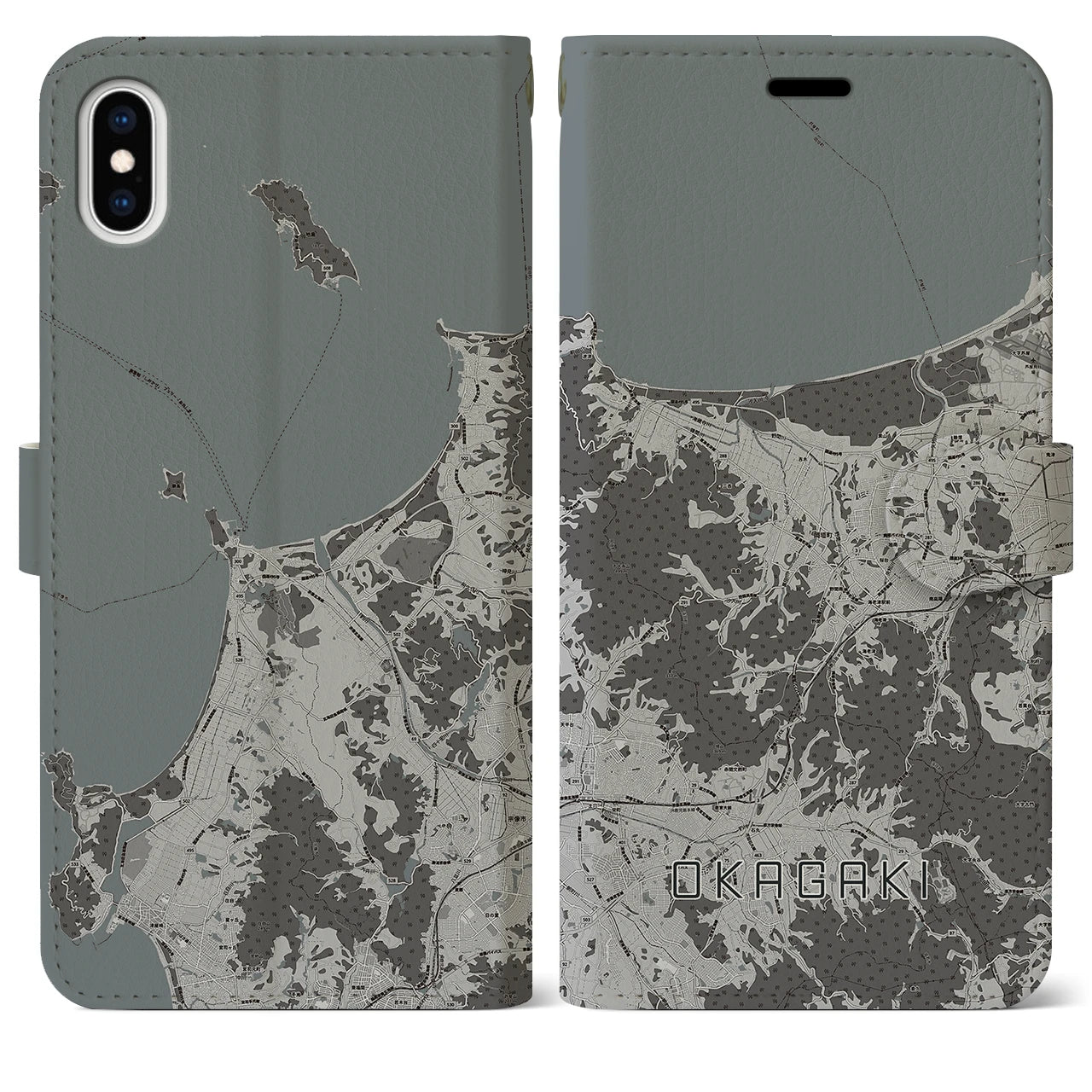 【岡垣(福岡県)】地図柄iPhoneケース(手帳タイプ)モノトーン・iPhone XS Max 用