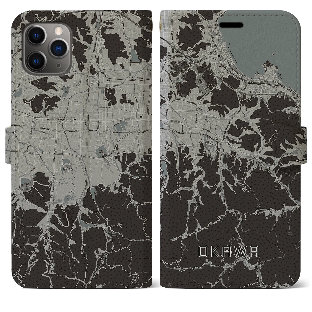 【大川(香川県)】地図柄iPhoneケース(手帳タイプ)モノトーン・iPhone 11 Pro Max 用