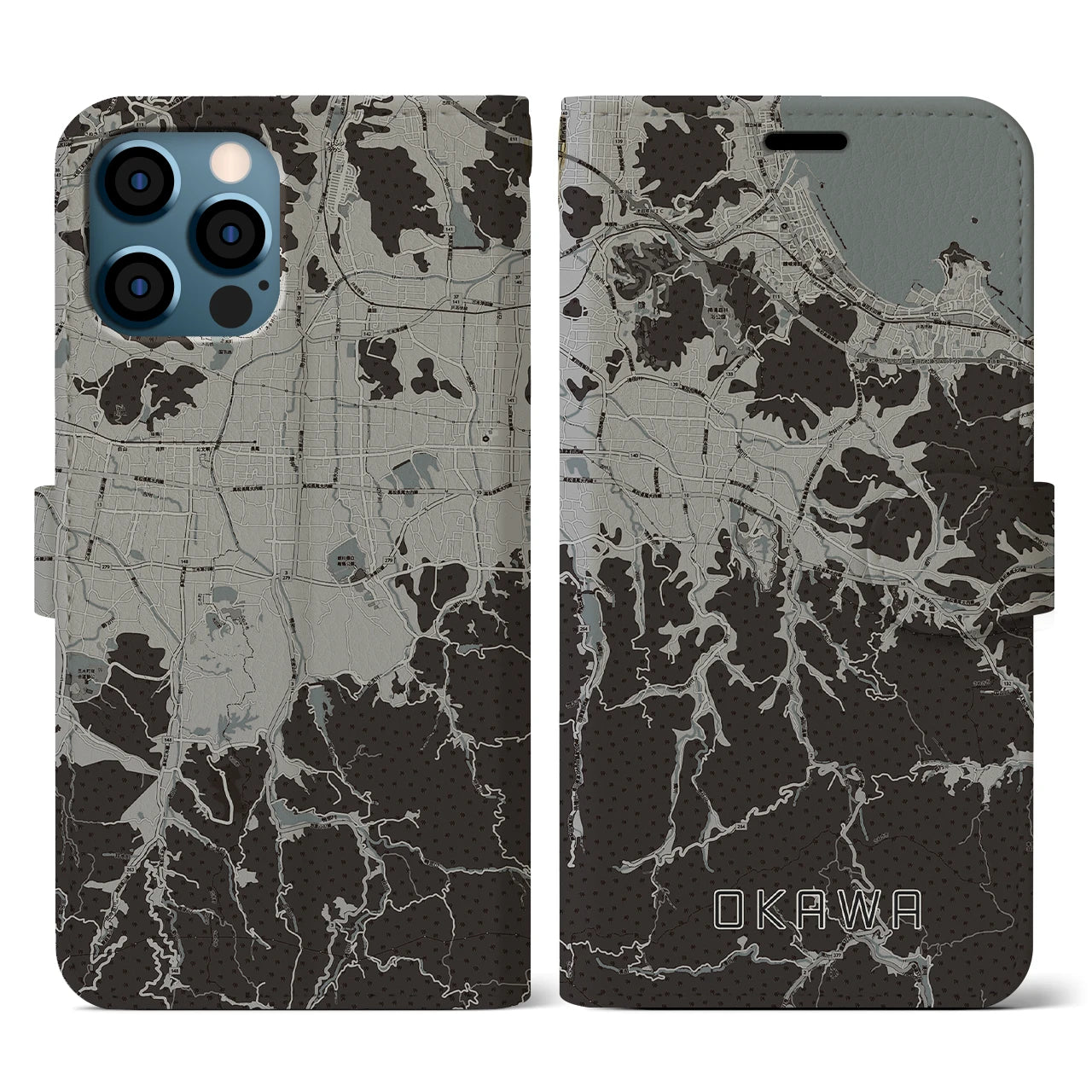 【大川(香川県)】地図柄iPhoneケース(手帳タイプ)モノトーン・iPhone 12 / 12 Pro 用