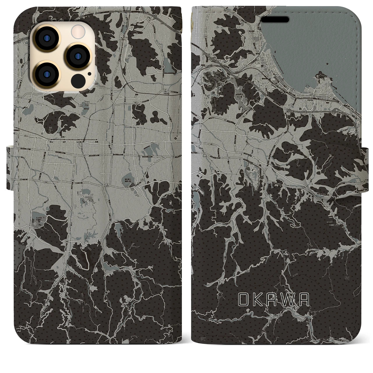 【大川(香川県)】地図柄iPhoneケース(手帳タイプ)モノトーン・iPhone 12 Pro Max 用