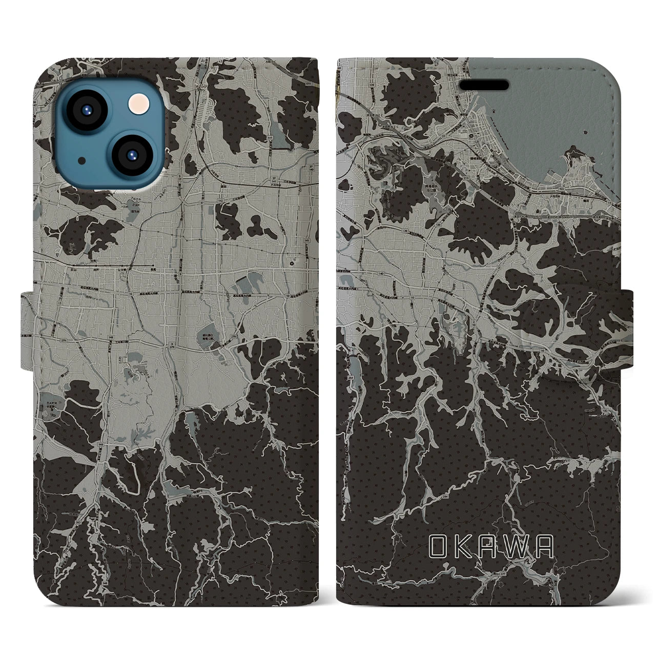 【大川(香川県)】地図柄iPhoneケース(手帳タイプ)モノトーン・iPhone 13 用