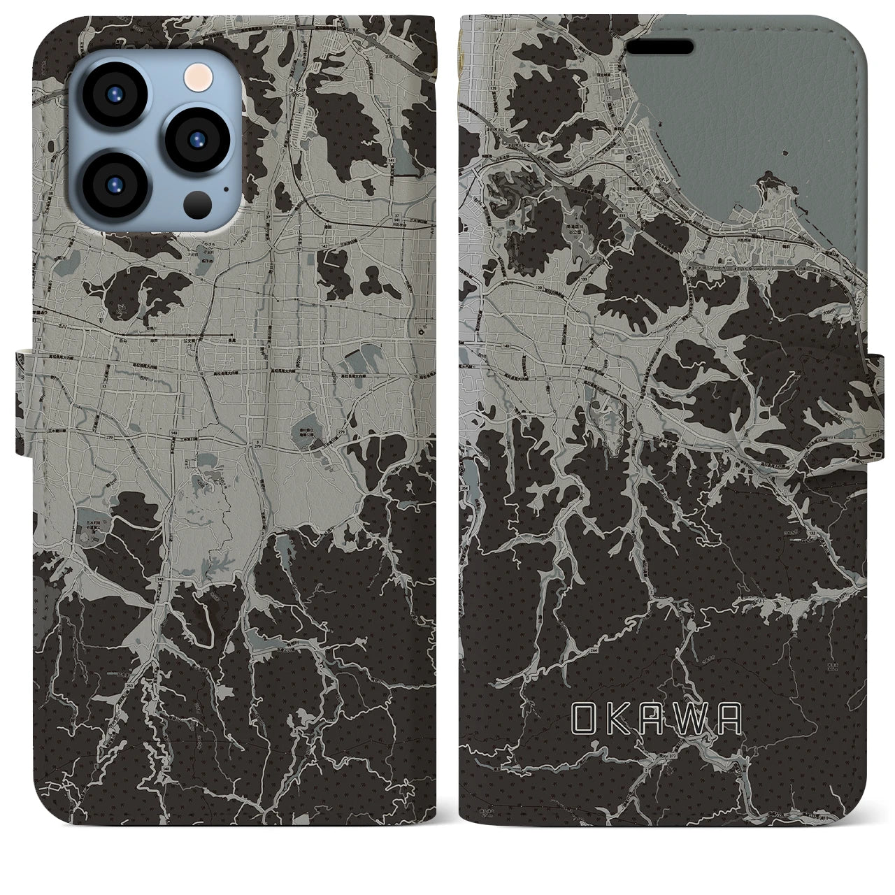 【大川(香川県)】地図柄iPhoneケース(手帳タイプ)モノトーン・iPhone 13 Pro Max 用