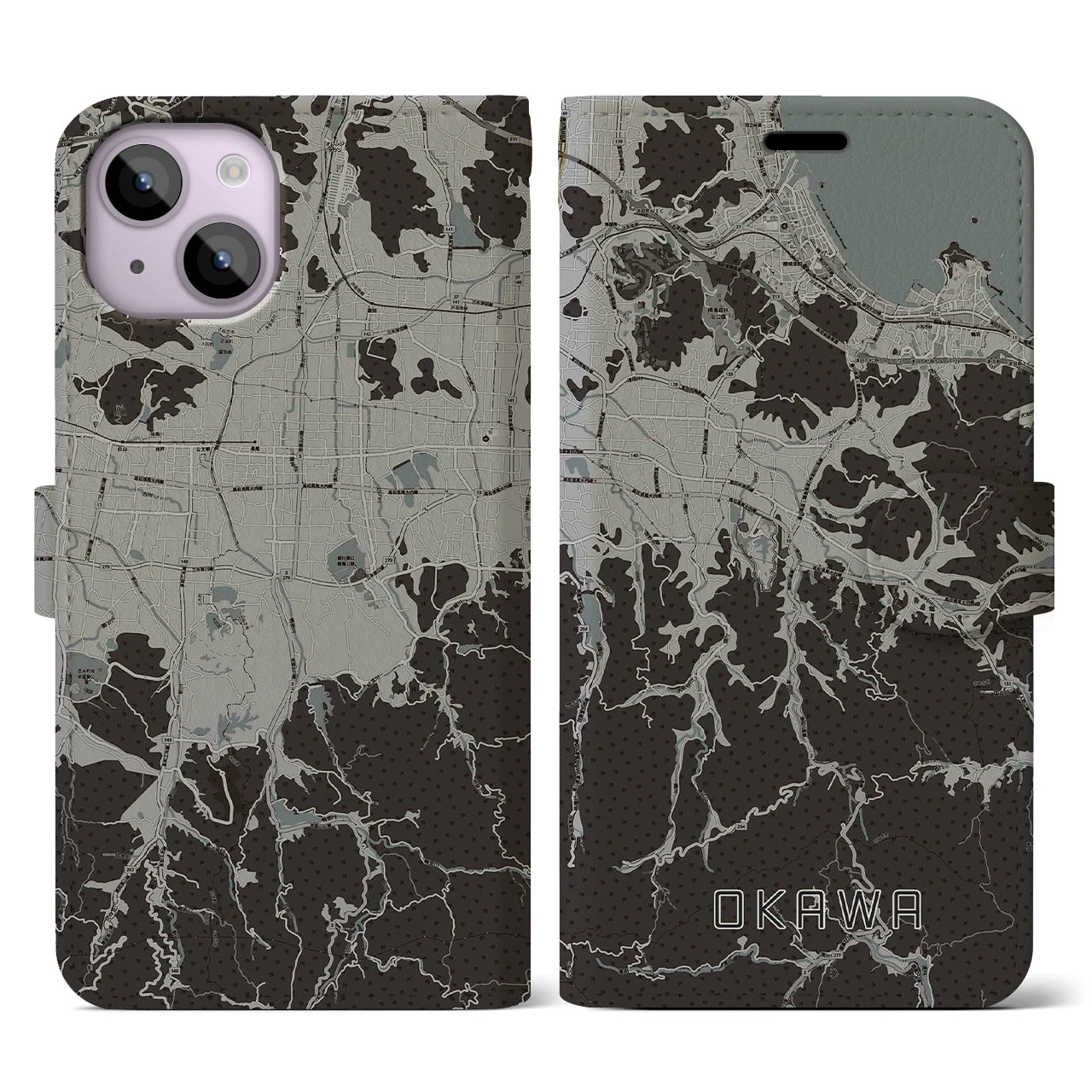 【大川(香川県)】地図柄iPhoneケース(手帳タイプ)モノトーン・iPhone 14 用